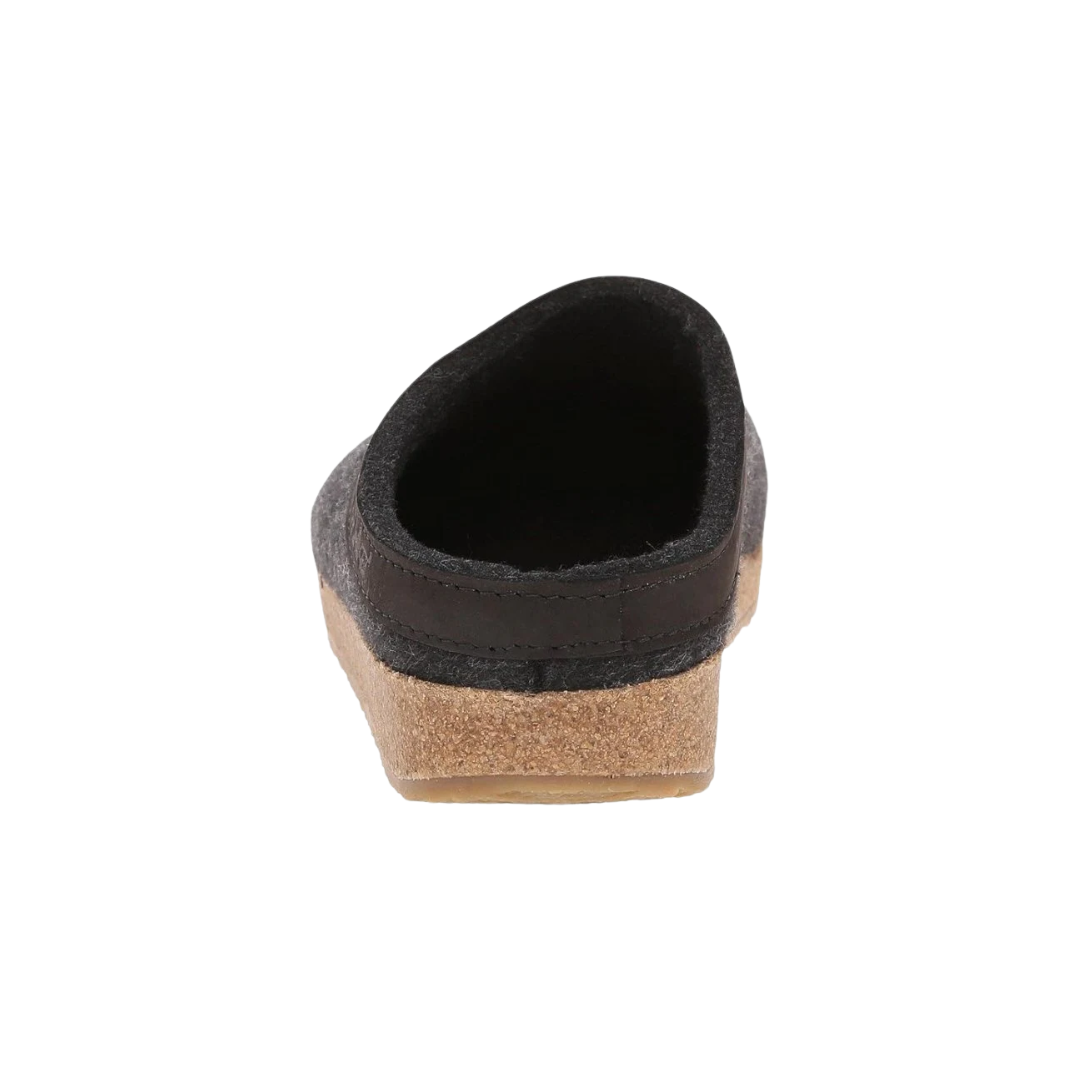 Back view of Haflinger Men's GZL Grizzly in Charcoal – featuring an open-heel slip-on profile with a gently raised footbed rim for added support and stability.