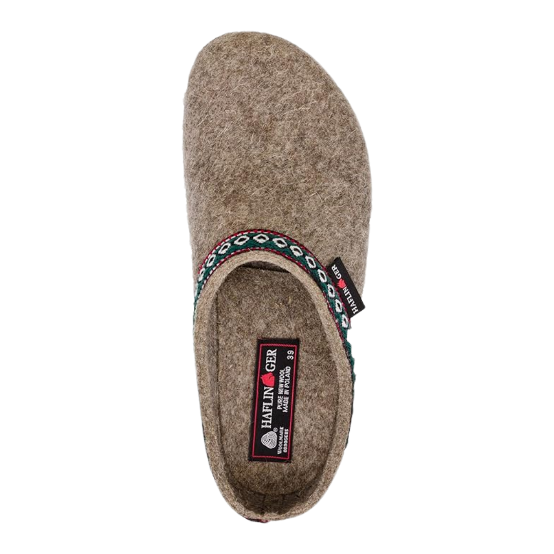Top view of Haflinger Women's GZ Grizzly Classic in Earth – featuring a soft wool felt upper in a warm brown earth tone, spacious round toe, and contoured footbed designed for breathable comfort and natural arch support.