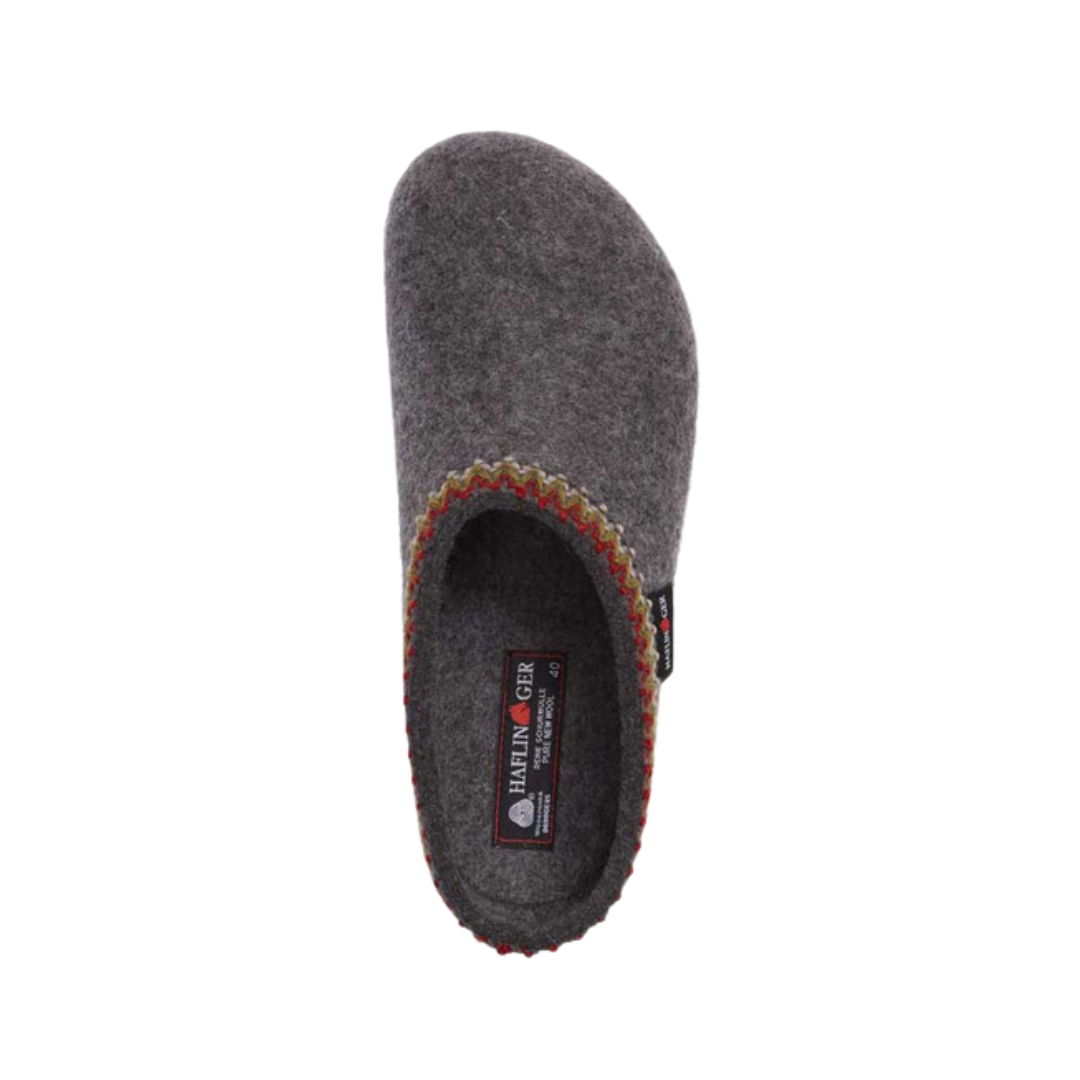 Top View of Women’s Haflinger Grizzly ZigZag slipper in gray – featuring a wide toe box, plush wool lining, and a slip-on design for easy wear.