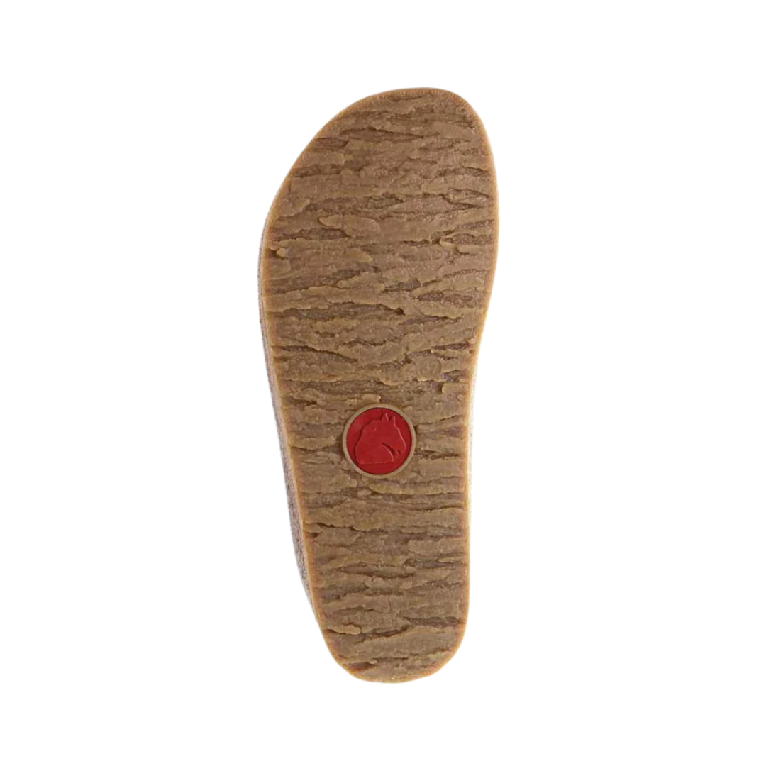 Bottom View of Women’s Haflinger Hanna slipper in earth – featuring a durable rubber outsole with traction pattern for slip resistance and flexible sole for easy movement.