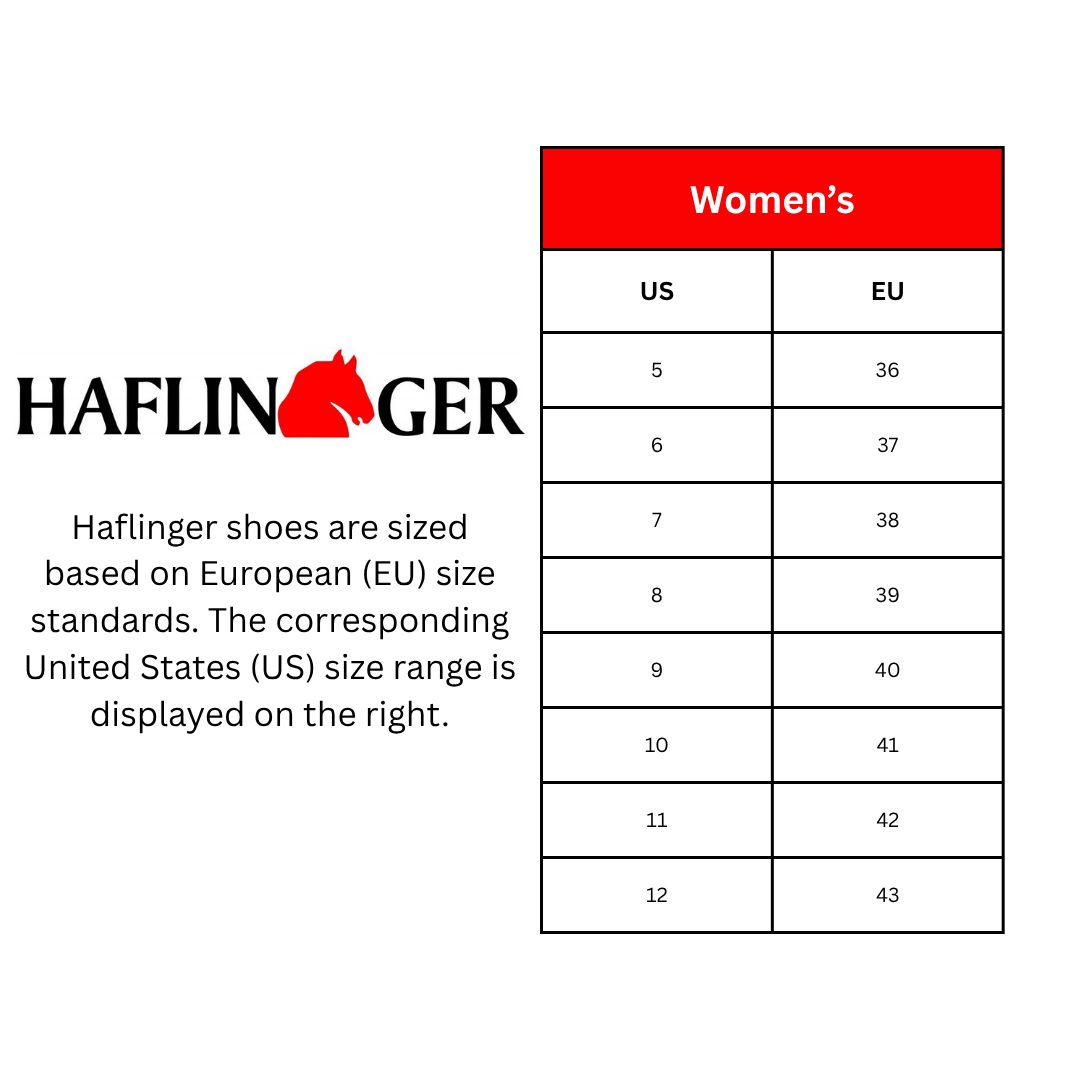 Haflinger women's shoe size chart comparing US and EU sizes on a white background.