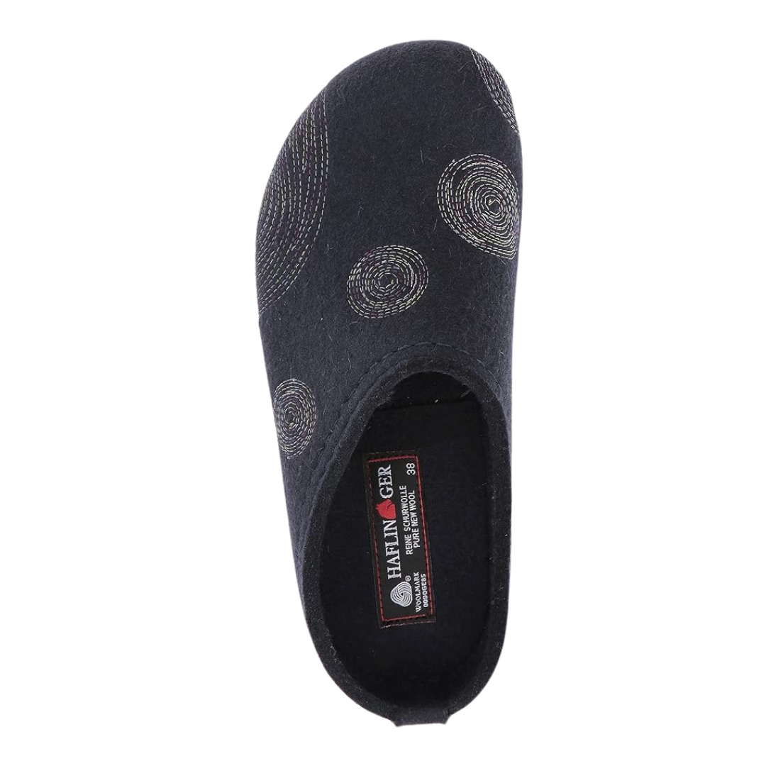 Top view of Haflinger Women's Spirit in Navy – featuring a rich navy boiled wool upper, multi-color appliqué swirl design across the forefoot, and a roomy toe box designed for breathable, foot-hugging indoor comfort.