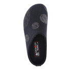 Top view of Haflinger Women's Spirit in Navy – featuring a rich navy boiled wool upper, multi-color appliqué swirl design across the forefoot, and a roomy toe box designed for breathable, foot-hugging indoor comfort.