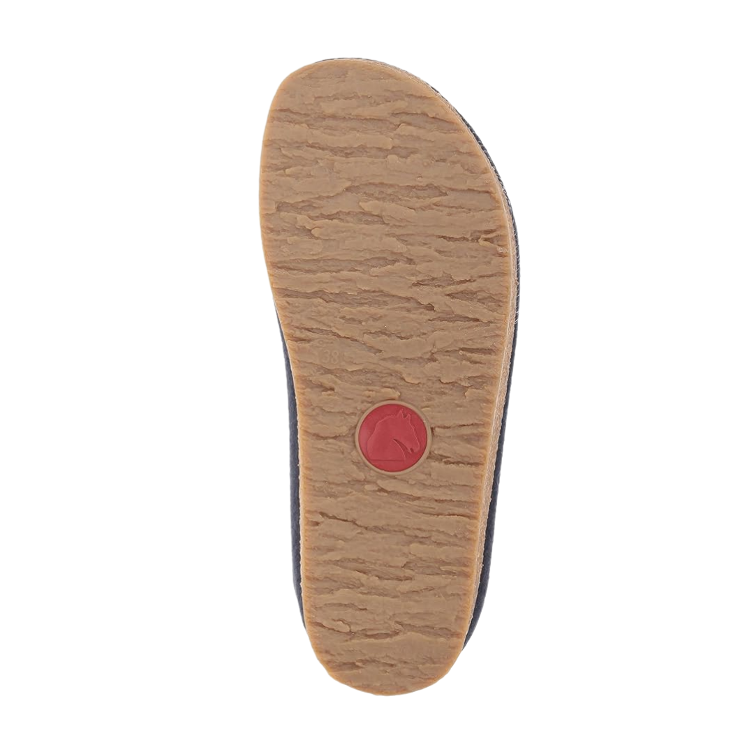 Bottom view of Haflinger Women's Spirit in Navy – featuring a slip-resistant, flexible indoor outsole designed for quiet steps, light traction, and reliable comfort on smooth floors.