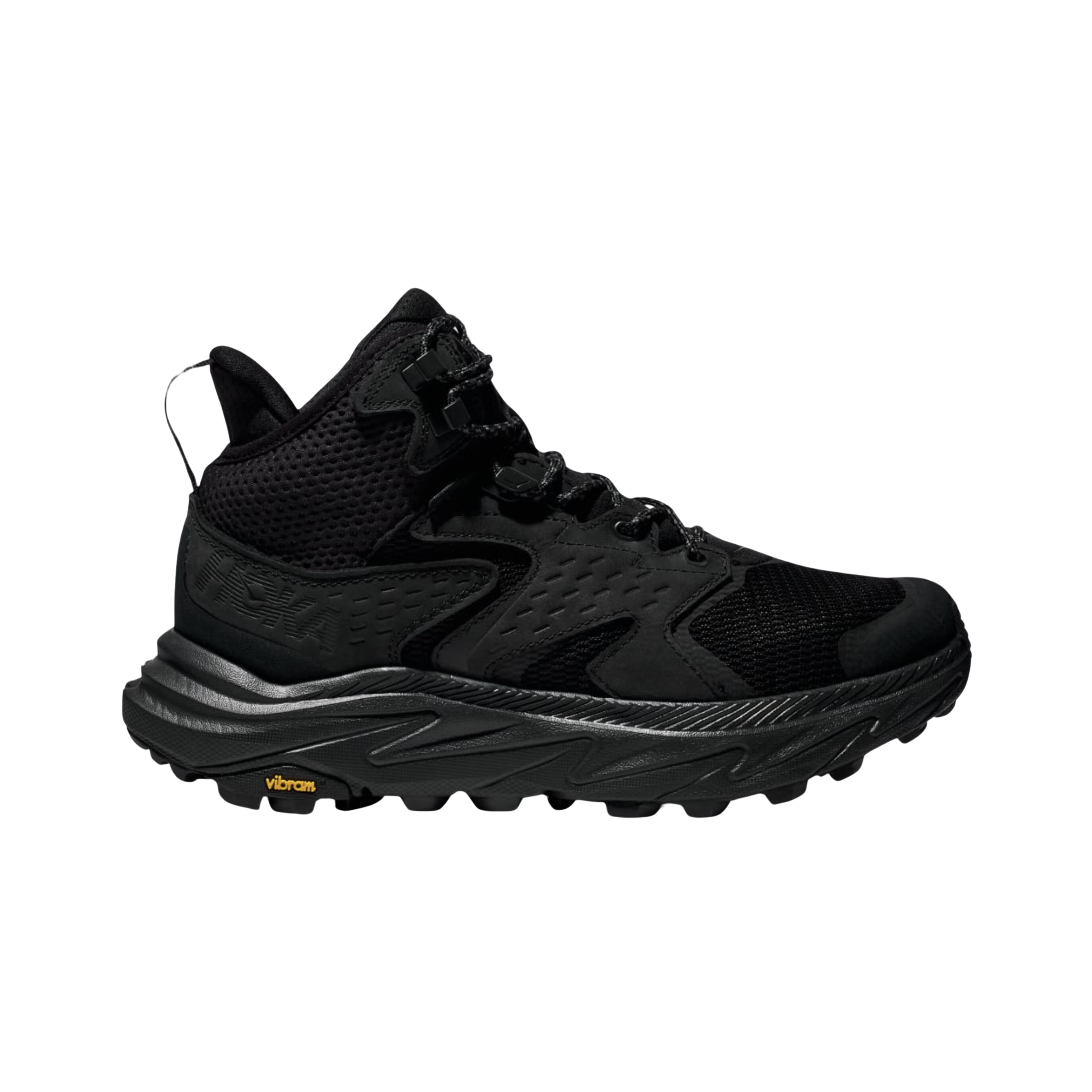Side view of Men’s Anacapa 2 Mid GTX hiking boot in black – featuring a waterproof Gore-Tex membrane with durable synthetic and mesh upper, cushioned midsole with shock absorption to reduce joint strain, and reinforced toe and heel overlays for trail protection.
