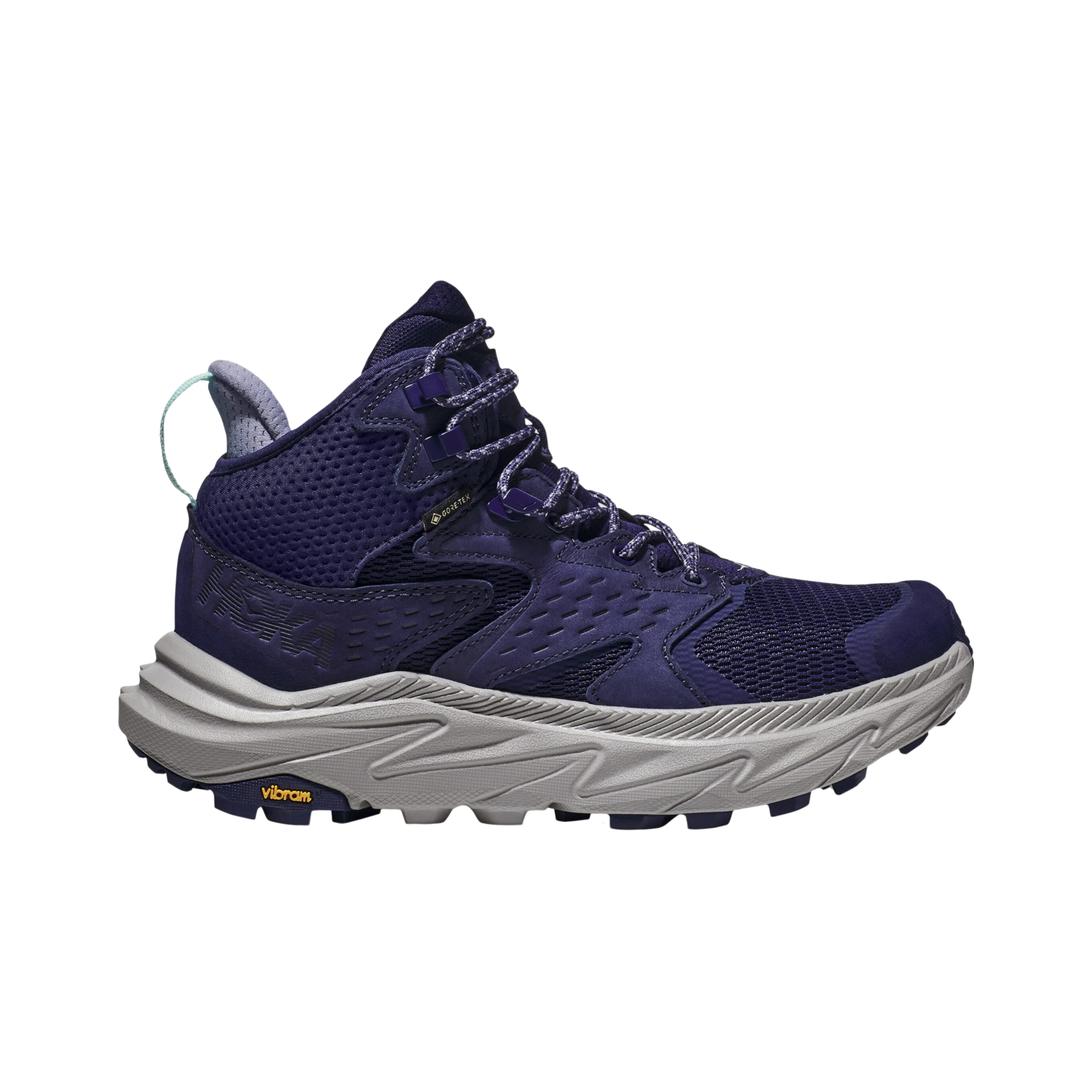 Side view of Women’s Anacapa 2 Mid GTX hiking boot in night sky and opal – featuring a waterproof Gore-Tex membrane with durable synthetic and mesh upper, cushioned midsole with shock absorption to reduce joint strain, and reinforced toe and heel overlays for durability.