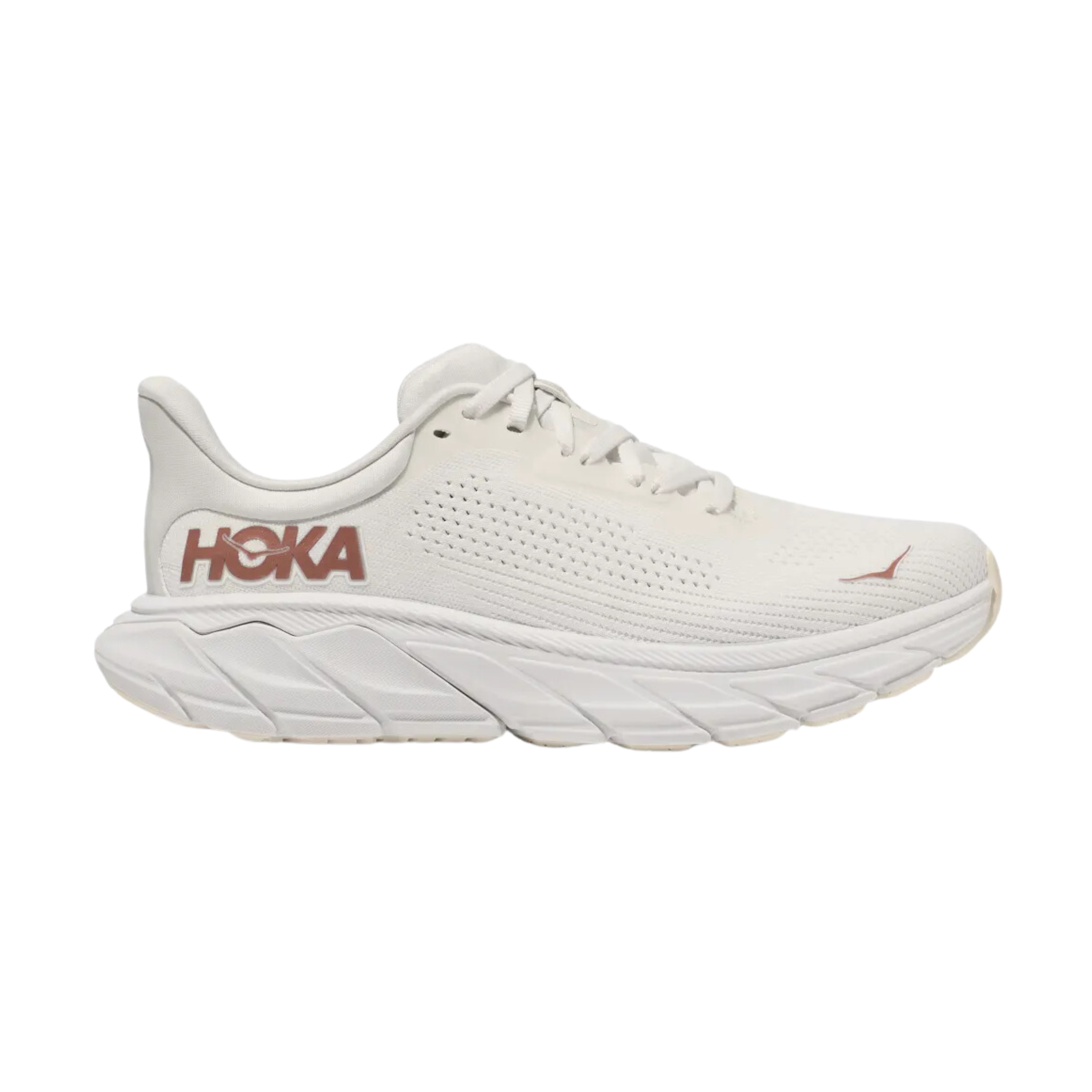 Side view of Women’s Arahi 7 running shoe in blanc de blanc and rose gold – featuring engineered mesh upper for breathability, GuideRails support system to stabilize the foot and prevent overpronation, and responsive midsole cushioning for shock absorption.