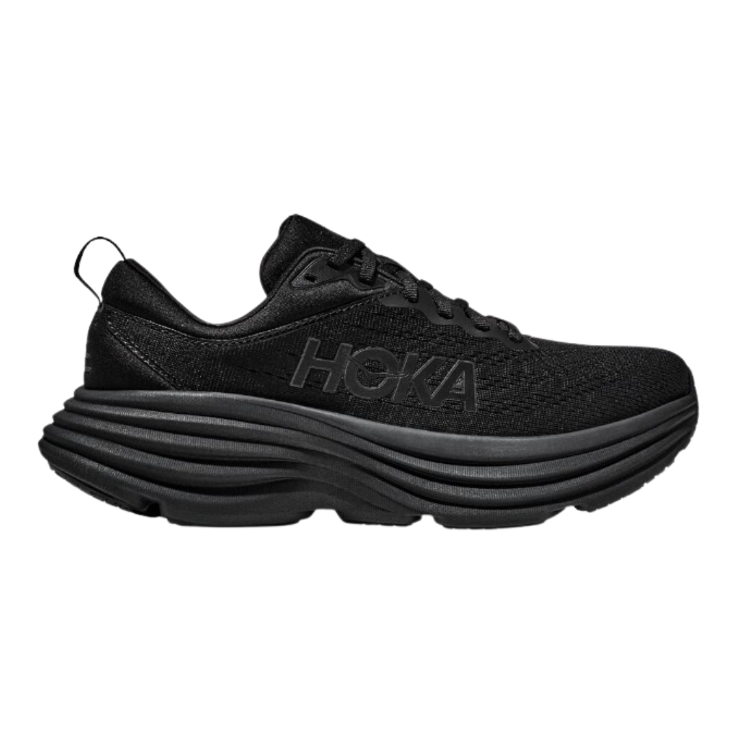 Side view of Men’s Hoka Bondi 8 running shoe in all black – featuring engineered mesh upper for breathability, plush DNA LOFT cushioning for responsive comfort, and a streamlined silhouette.