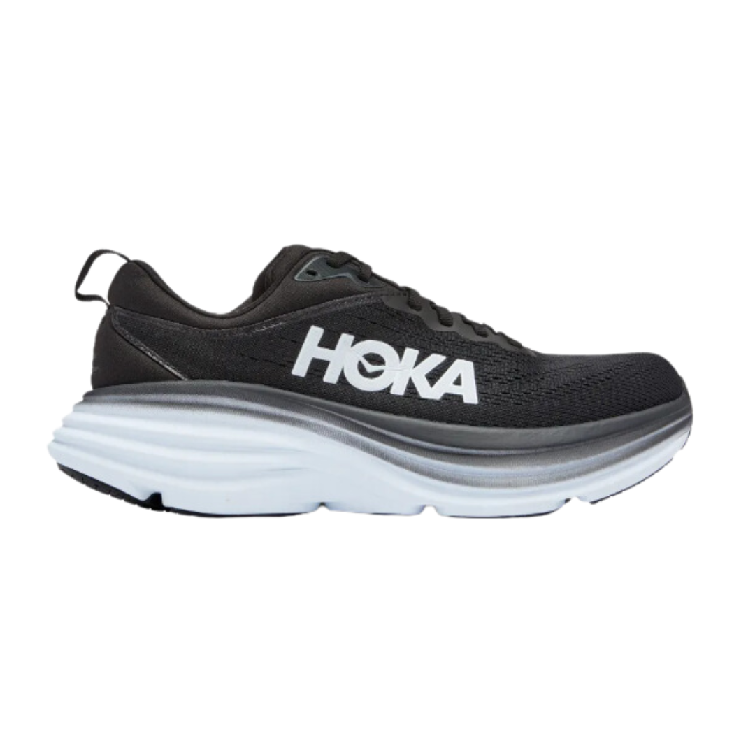 Side view of Bondi 8 running shoe in black and white – featuring engineered mesh upper for breathability, DNA LOFT cushioning for plush, responsive ride, and sleek silhouette optimized for maximum comfort.