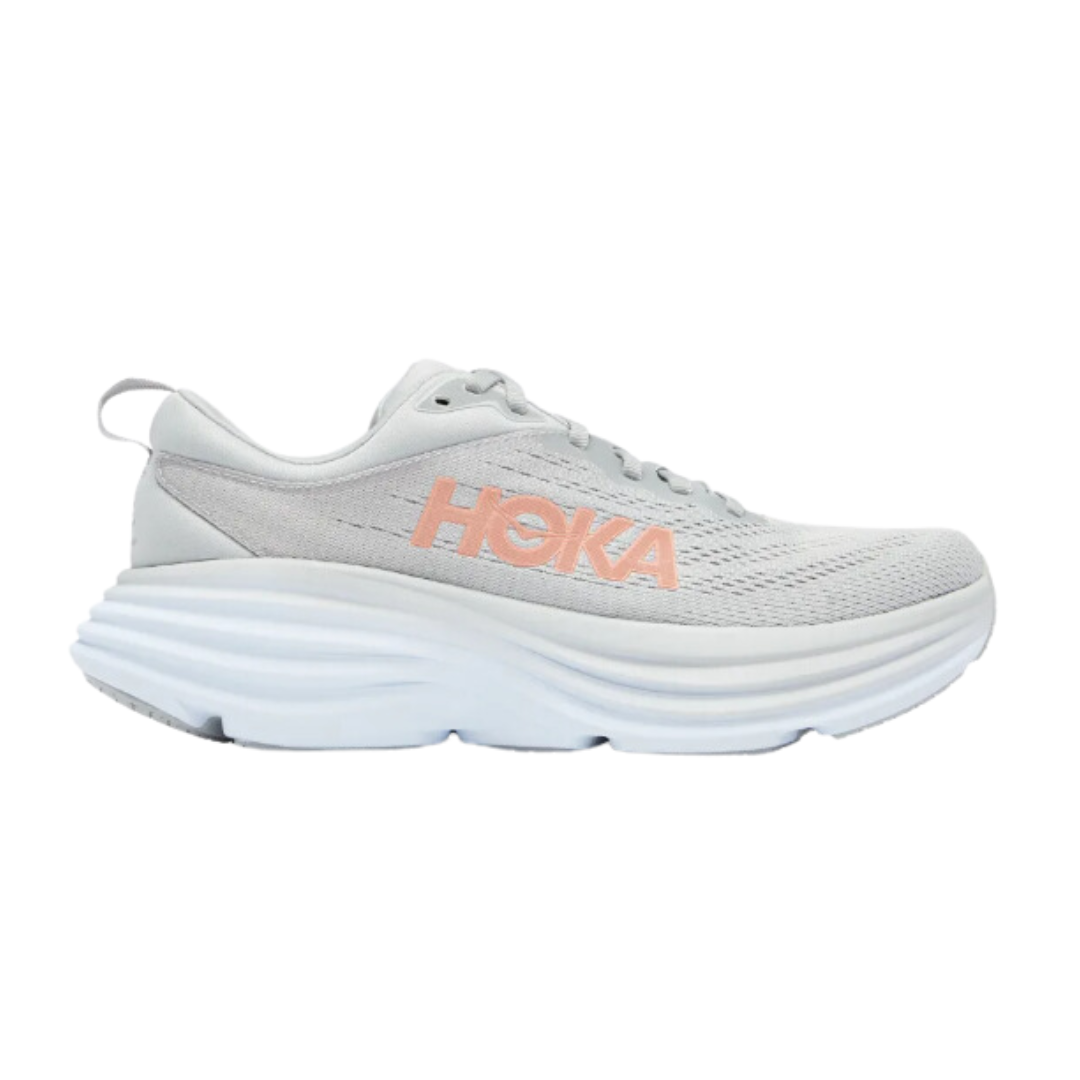 Side view of Women’s Bondi 8 running shoe in harbor mist and lunar rock – featuring engineered mesh upper for breathability, DNA LOFT cushioning for plush, responsive ride, and sleek silhouette optimized for maximum comfort.