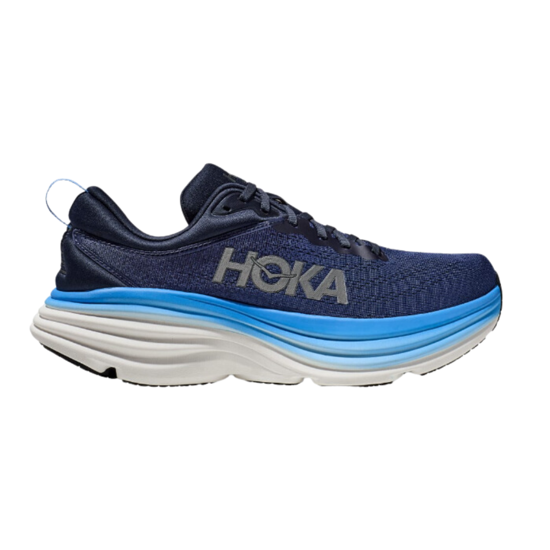 Side view of Men’s Bondi 8 running shoe in outer space and all aboard – featuring engineered mesh upper for breathability, DNA LOFT cushioning for plush, responsive ride, and sleek silhouette optimized for maximum comfort.