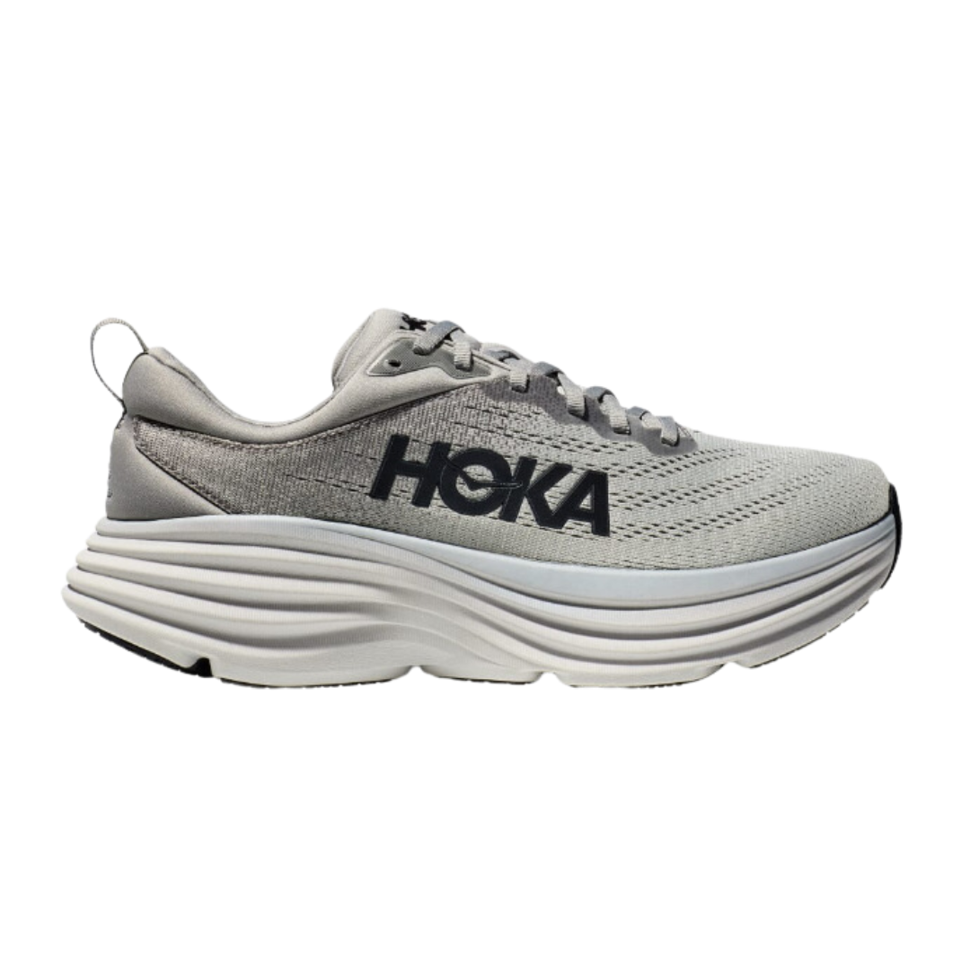 Side view of Men’s Bondi 8 running shoe in sharkskin and harbor mist – featuring engineered mesh upper for breathability, DNA LOFT cushioning for plush, responsive ride, and sleek silhouette optimized for maximum comfort.