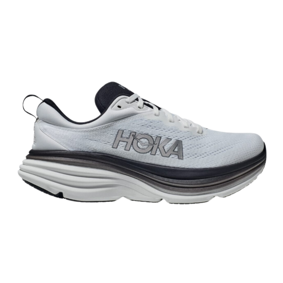 Side view of Bondi 8 running shoe in black and white – featuring engineered mesh upper for breathability, DNA LOFT cushioning for plush, responsive ride, and sleek silhouette optimized for maximum comfort.