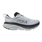Side view of Men’s Bondi 8 running shoe in white and black – featuring engineered mesh upper for breathability, DNA LOFT cushioning for plush, responsive ride, and sleek silhouette optimized for maximum comfort.