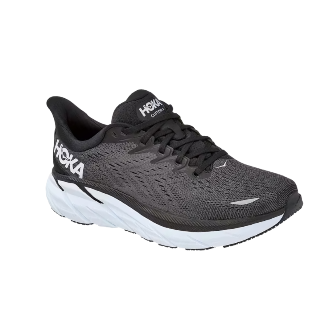 Angled View of Men’s HOKA Clifton 8 Running Shoe in Black/White – featuring lightweight cushioning for everyday training, sleek and supportive design, and classic colorway for versatile wear.