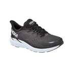Angled View of Men’s HOKA Clifton 8 Running Shoe in Black/White – featuring lightweight cushioning for everyday training, sleek and supportive design, and classic colorway for versatile wear.