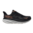 Side view of Women’s Clifton 9 running shoe in black and rose gold – featuring engineered mesh upper for breathability, DNA LOFT cushioning for soft, responsive ride, and sleek silhouette designed for lightweight performance.