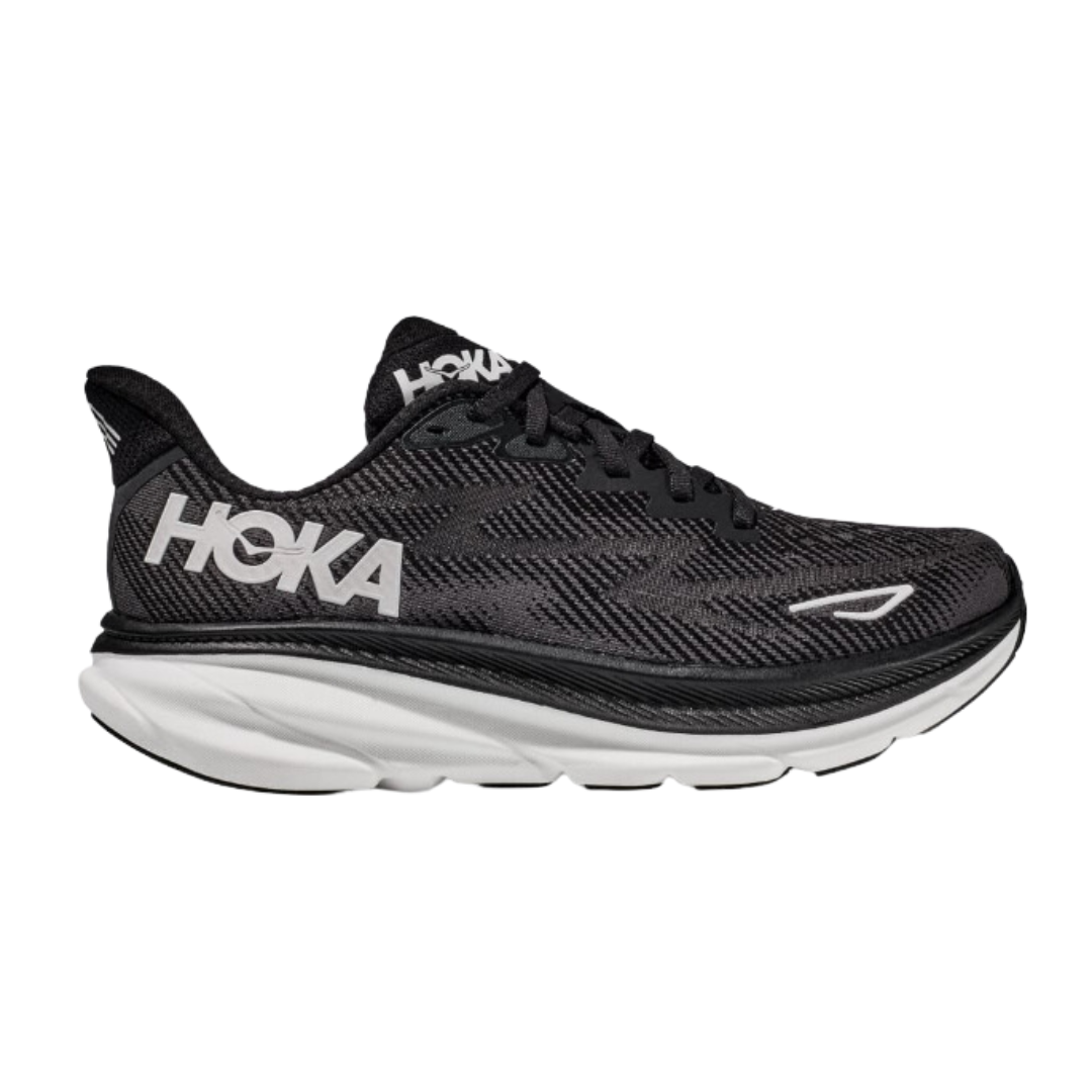 Side view of Men’s Clifton 9 running shoe in black and white – featuring engineered mesh upper for breathability, DNA LOFT cushioning for soft, responsive ride, and streamlined silhouette for lightweight performance.