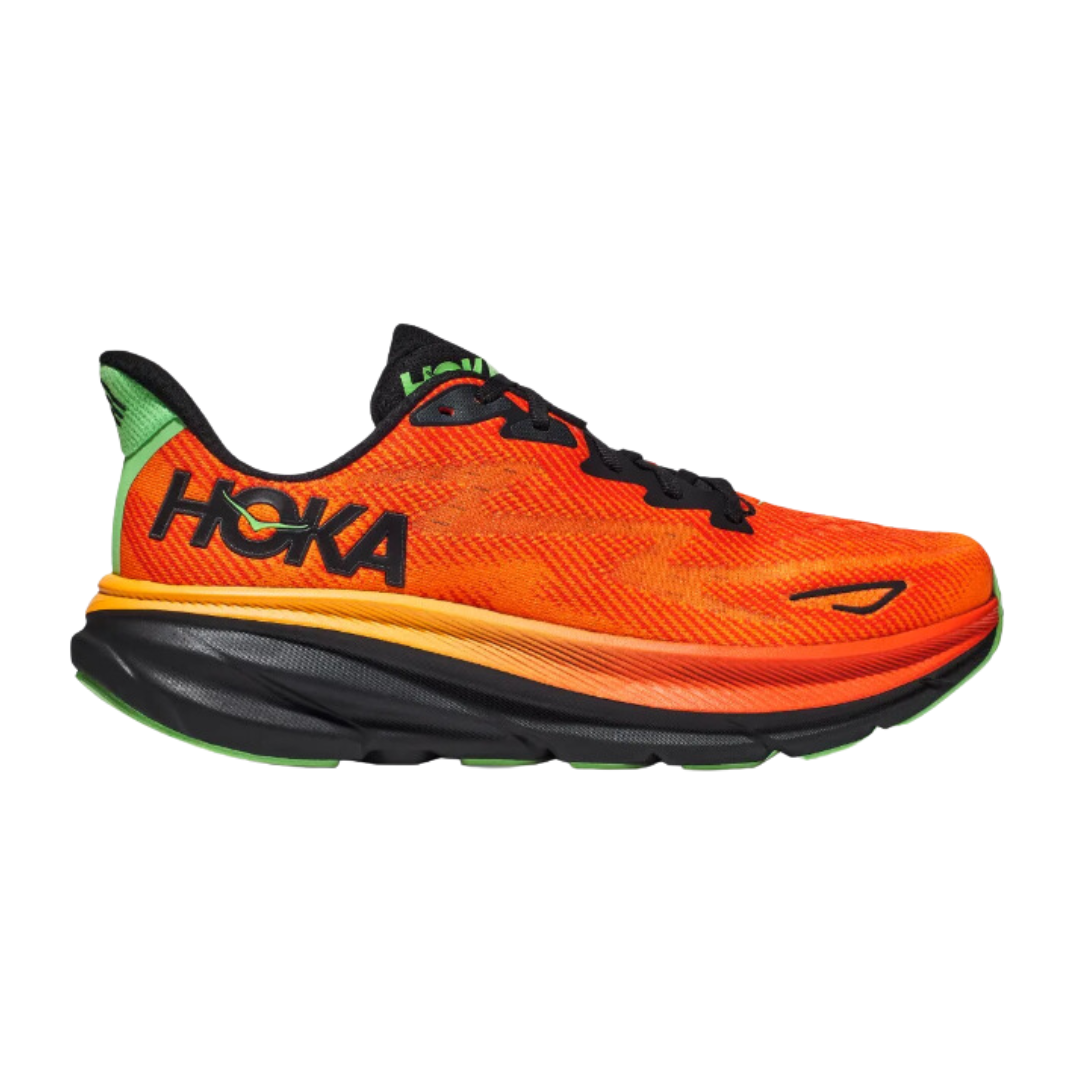 Side view of Men’s Clifton 9 running shoe in flame and vibrant orange – featuring engineered mesh upper for breathability, DNA LOFT cushioning for soft, responsive ride, and sleek silhouette designed for lightweight performance.