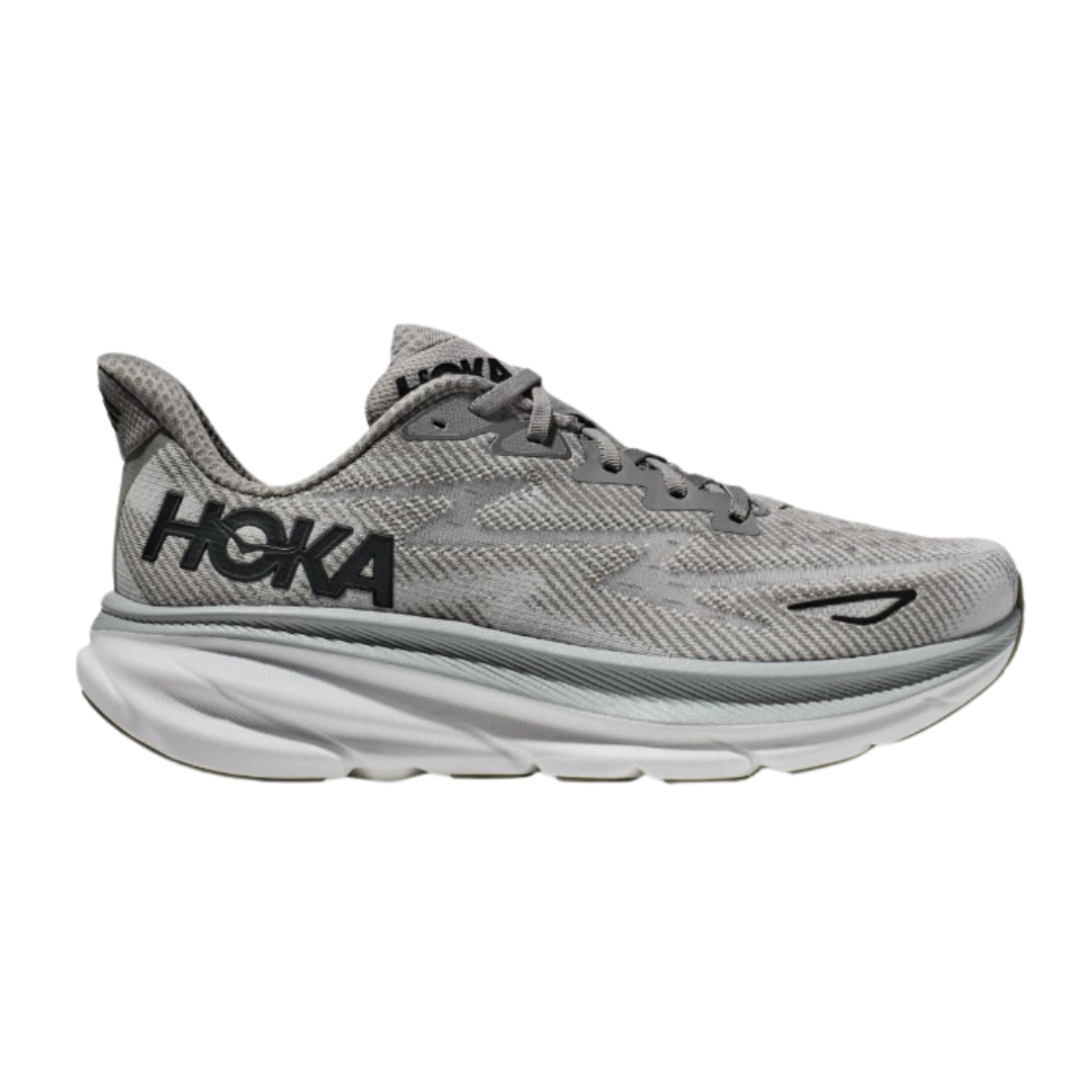 Side view of Men’s Clifton 9 running shoe in harbor mist and black – featuring engineered mesh upper for breathability, DNA LOFT cushioning for soft, responsive ride, and sleek silhouette designed for lightweight performance.