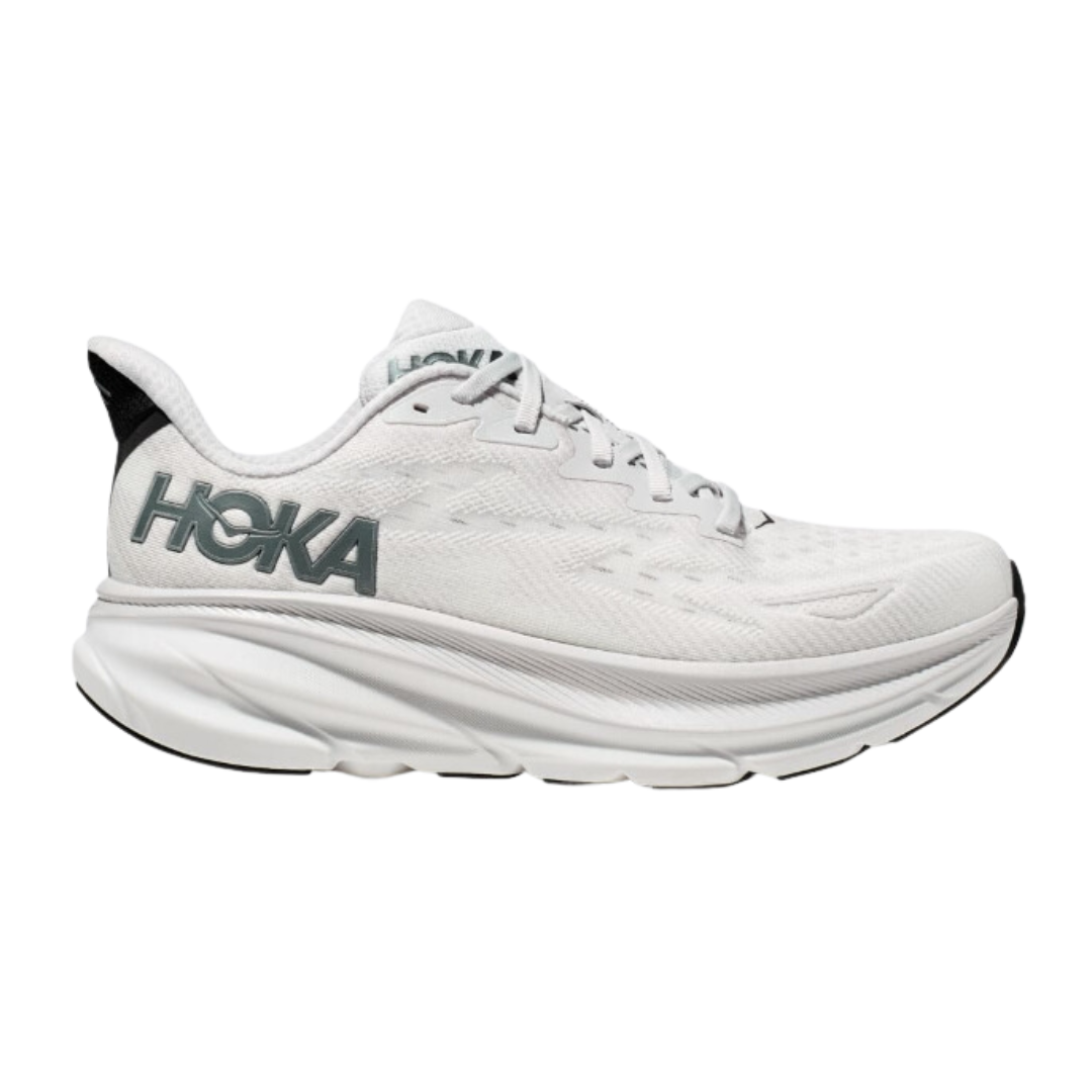 Side view of Men’s Clifton 9 running shoe in nimbus cloud and steel wool – featuring engineered mesh upper for breathability, DNA LOFT cushioning for soft, responsive ride, and streamlined silhouette for lightweight performance.