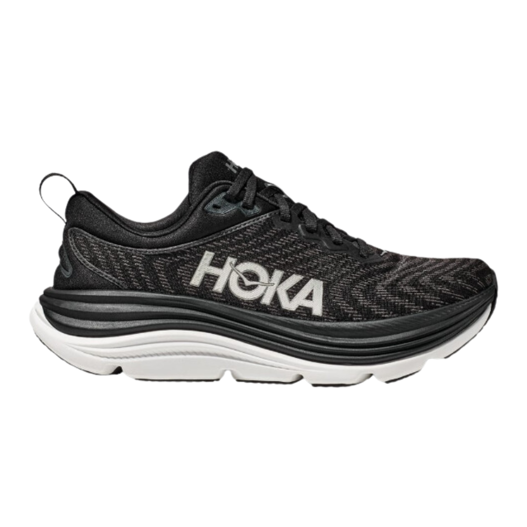 Side view of Men’s Gaviota 5 running shoe in black and white – featuring engineered mesh upper for breathability, GuideRails support system for enhanced stability, and BioMoGo DNA midsole for adaptive cushioning and shock absorption.