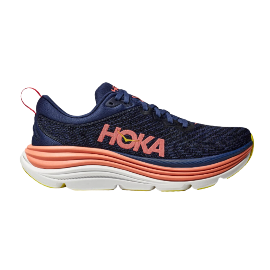 Side view of Gaviota 5 running shoe in evening sky and coral – featuring engineered mesh upper for breathability, GuideRails support system for enhanced stability, and BioMoGo DNA midsole for adaptive cushioning and shock absorption.