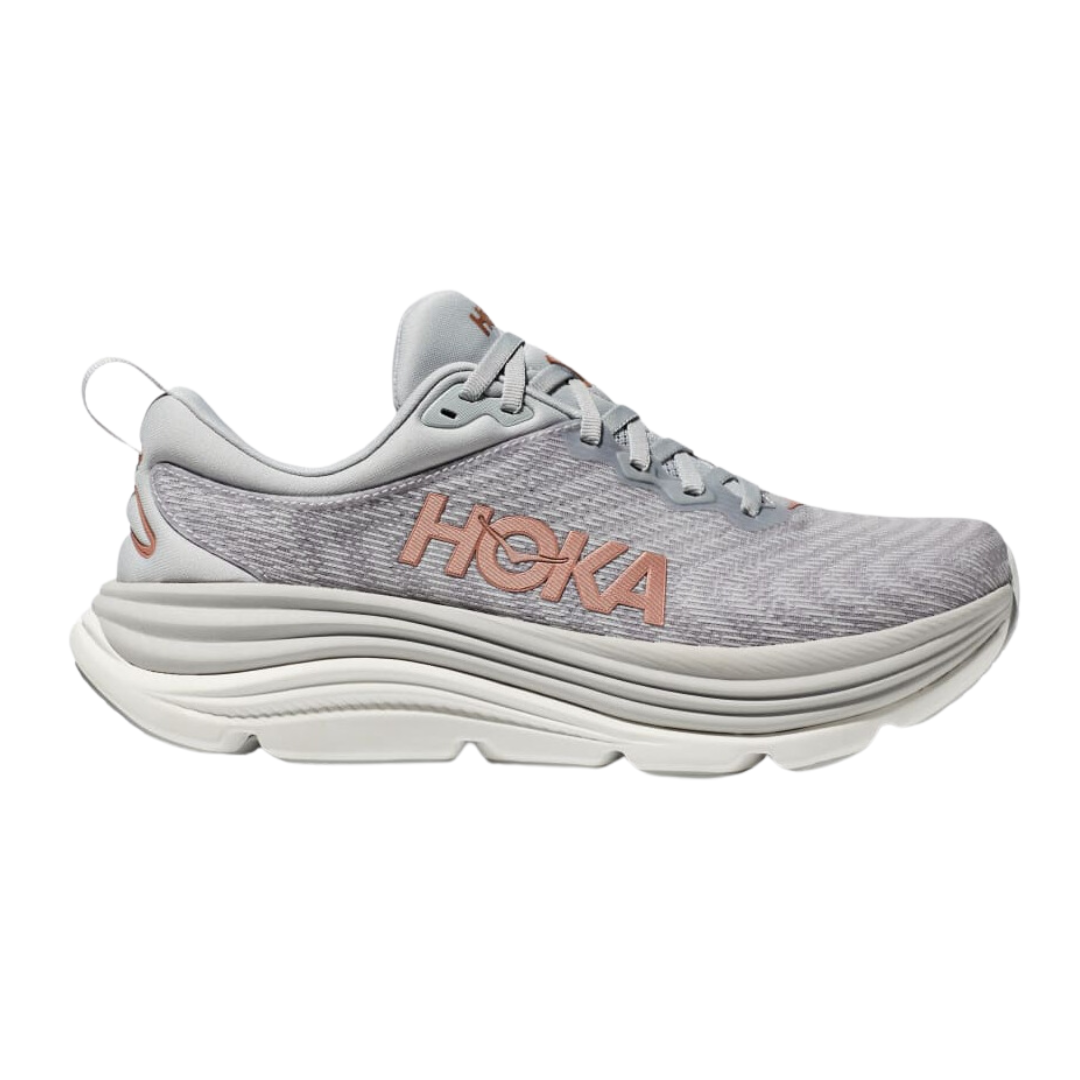Side view of Women’s Gaviota 5 running shoe in harbor mist and rose gold – featuring engineered mesh upper for breathability, GuideRails support system for enhanced stability, and BioMoGo DNA midsole for adaptive cushioning and shock absorption.