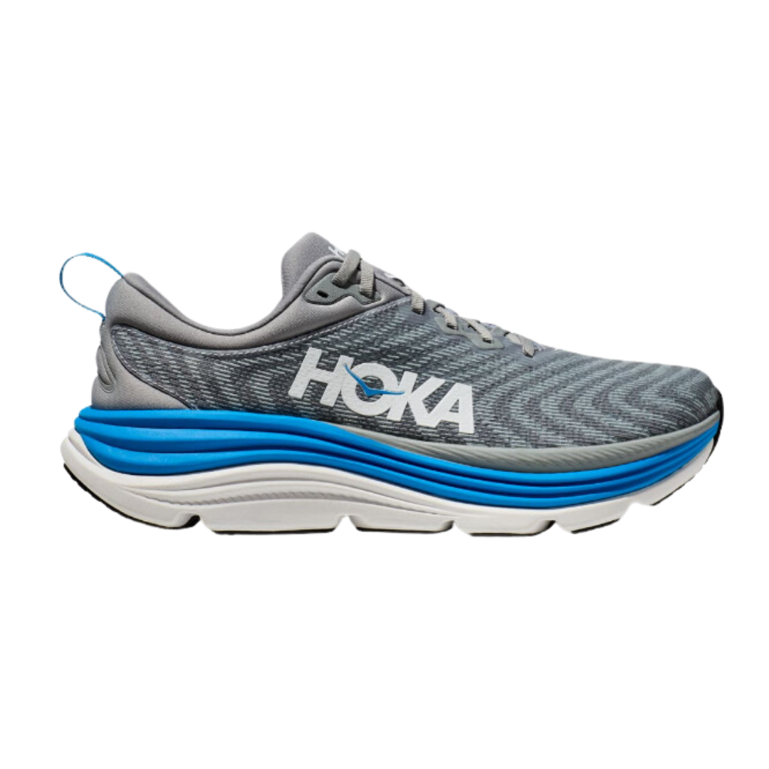 Side view of Men’s Gaviota 5 running shoe in limestone and diva blue – featuring engineered mesh upper for breathability, GuideRails support system for enhanced stability, and BioMoGo DNA midsole for adaptive cushioning and shock absorption.
