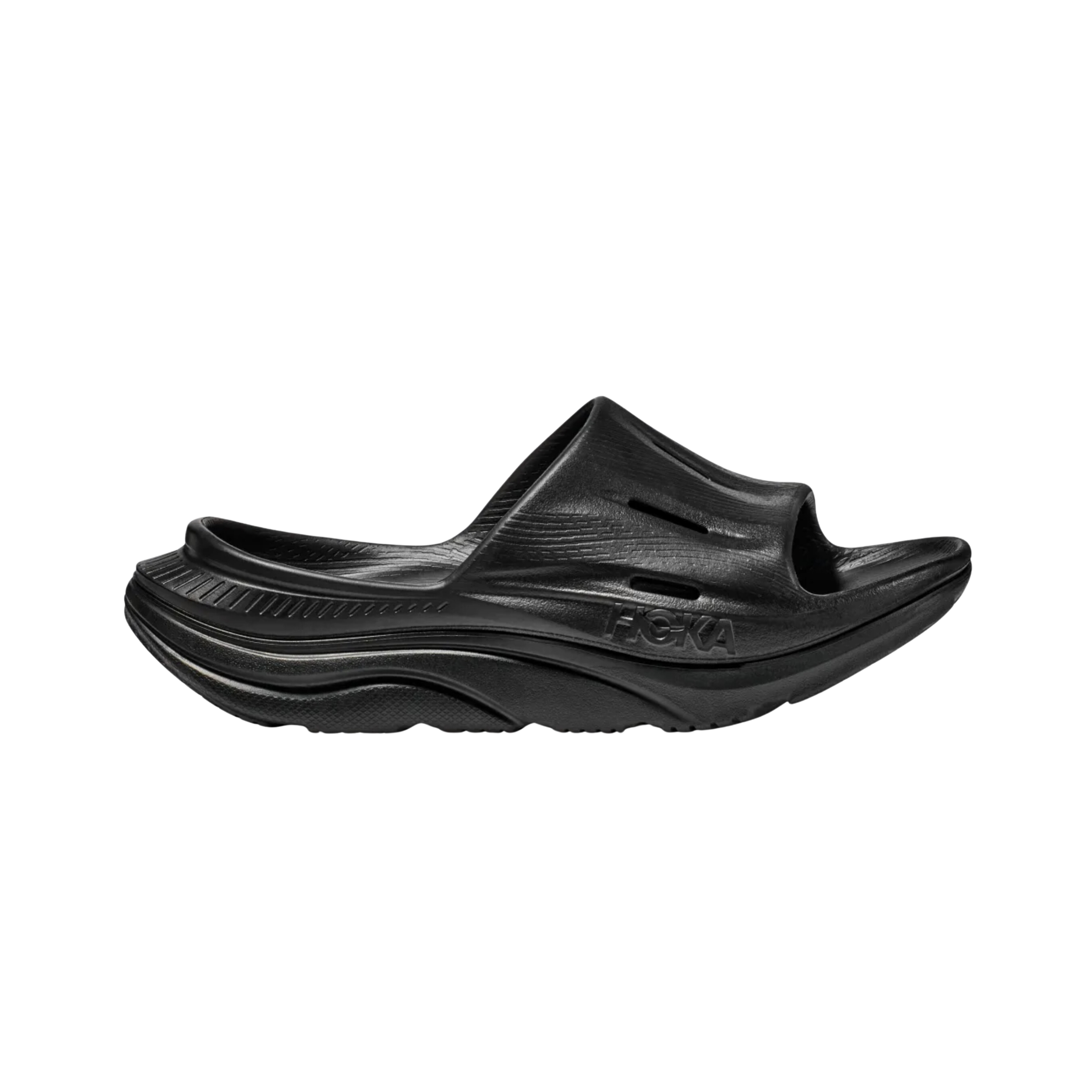 Side view of Unisex Ora Recovery Slide 3 in black – featuring a soft, lightweight EVA foam upper for easy wear, contoured footbed designed to support foot arches and reduce plantar fasciitis pain, and cushioned midsole for shock absorption and all-day comfort.