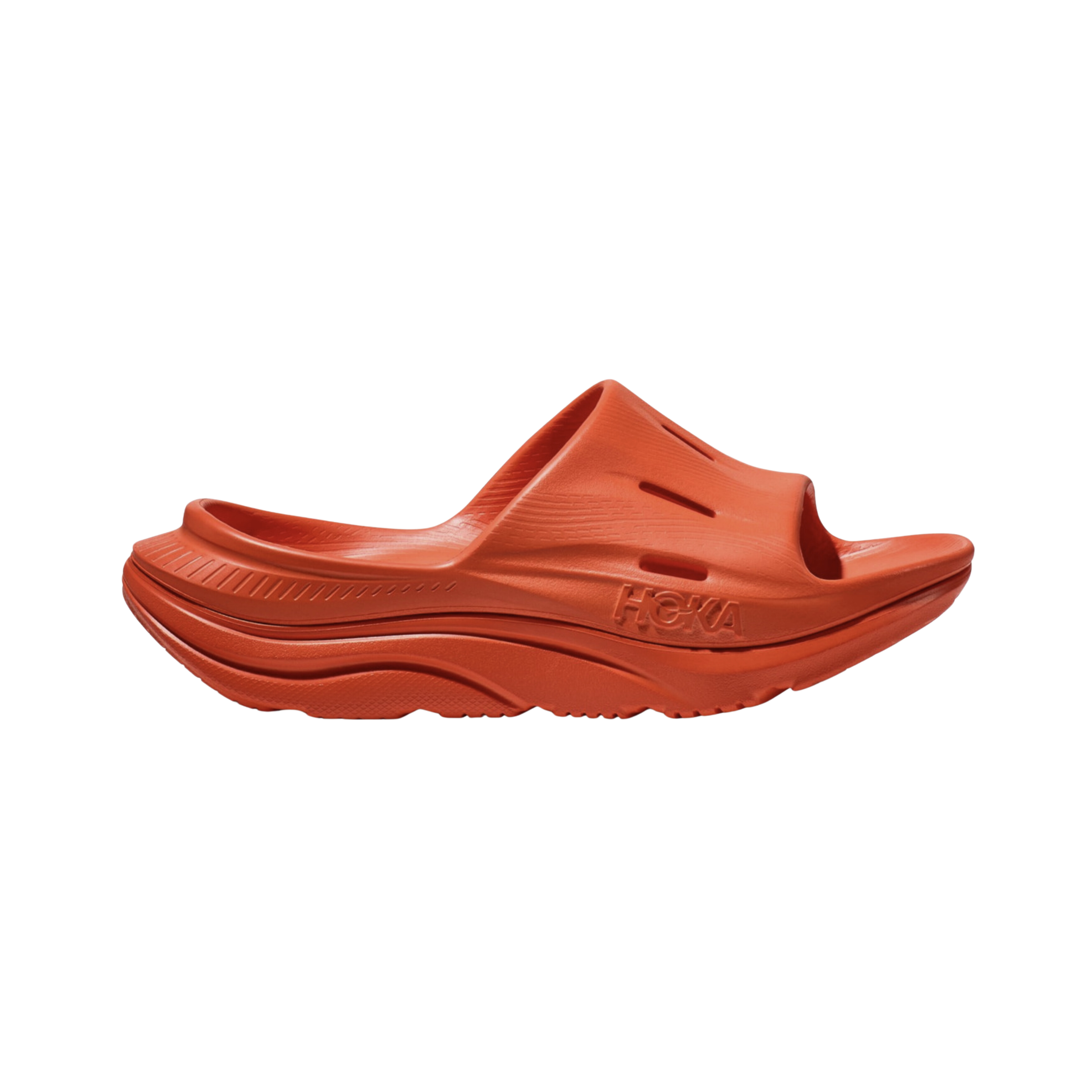 Side view of Unisex Ora Recovery Slide 3 in orange – featuring a soft, lightweight EVA foam upper for easy wear, contoured footbed designed to support foot arches and reduce plantar fasciitis pain, and cushioned midsole for shock absorption and all-day comfort.