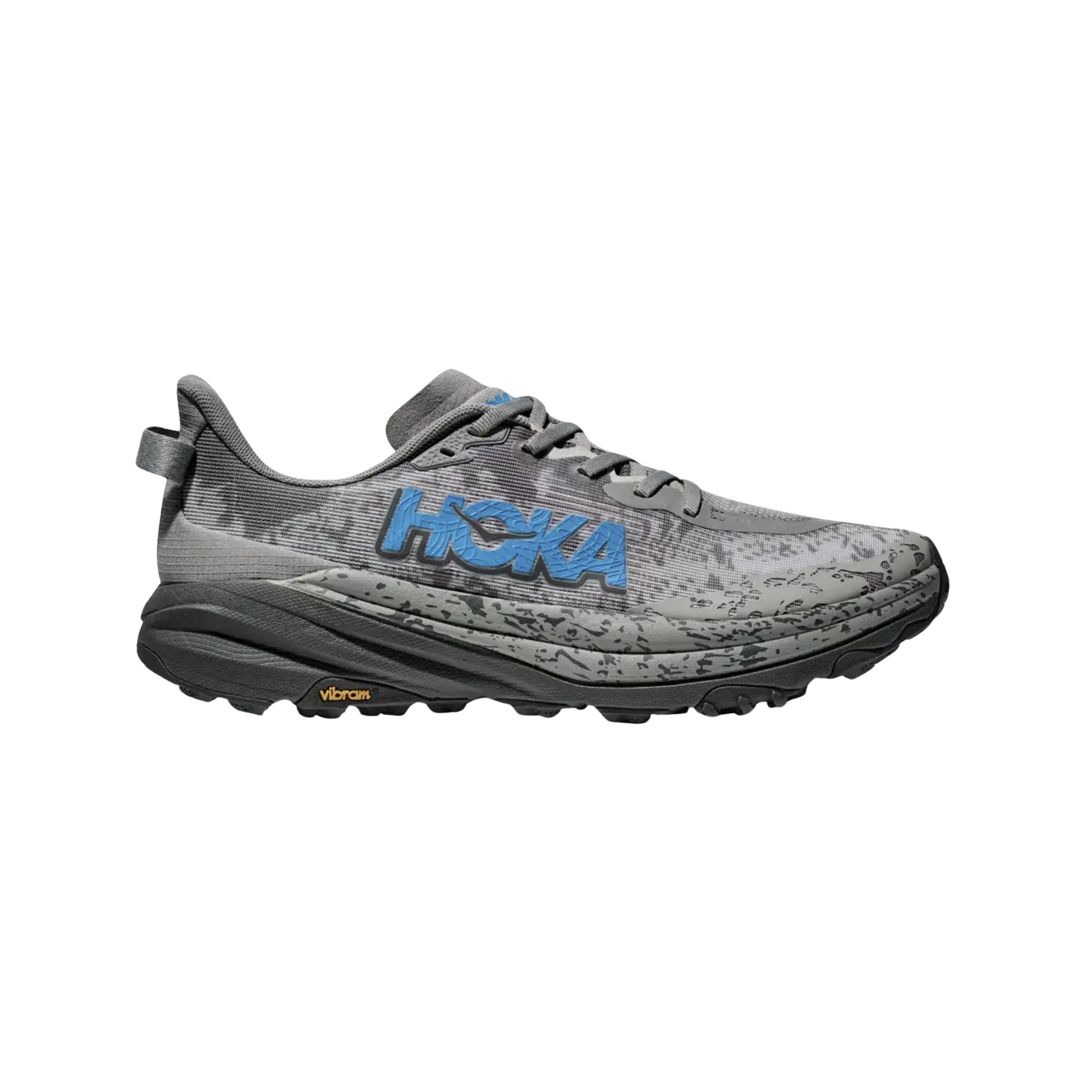 Side view of Men’s Hoka Speedgoat 6 trail running shoe in grey, black, and blue – featuring breathable mesh upper, cushioned midsole for trail comfort, aggressive lugged outsole for traction, and vibrant color accents.