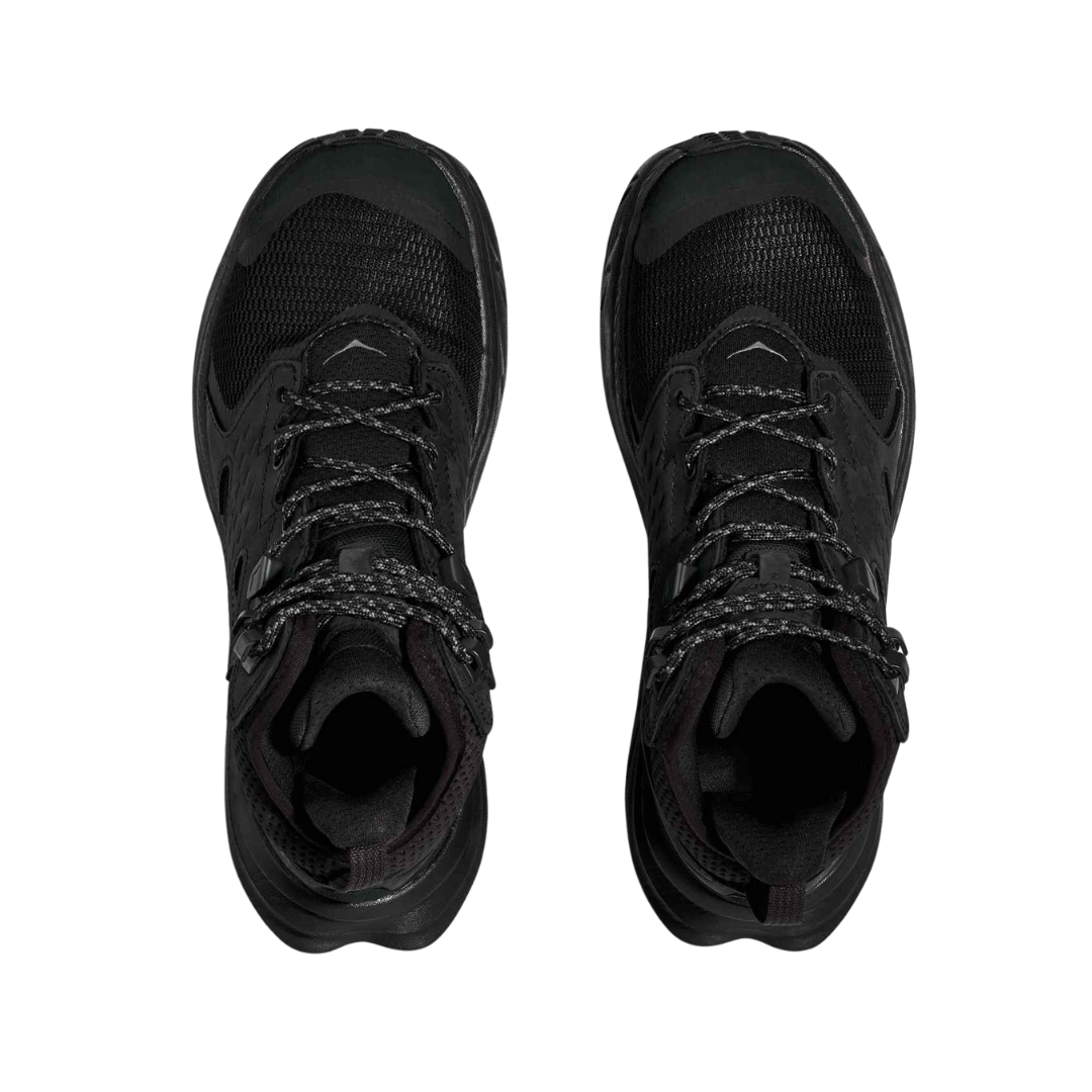 Top view of Men’s Anacapa 2 Mid GTX hiking boot in black – featuring padded collar and tongue for ankle support, moisture-wicking lining to keep feet dry and healthy, and secure lace-up closure with reinforced eyelets for locked-in fit.