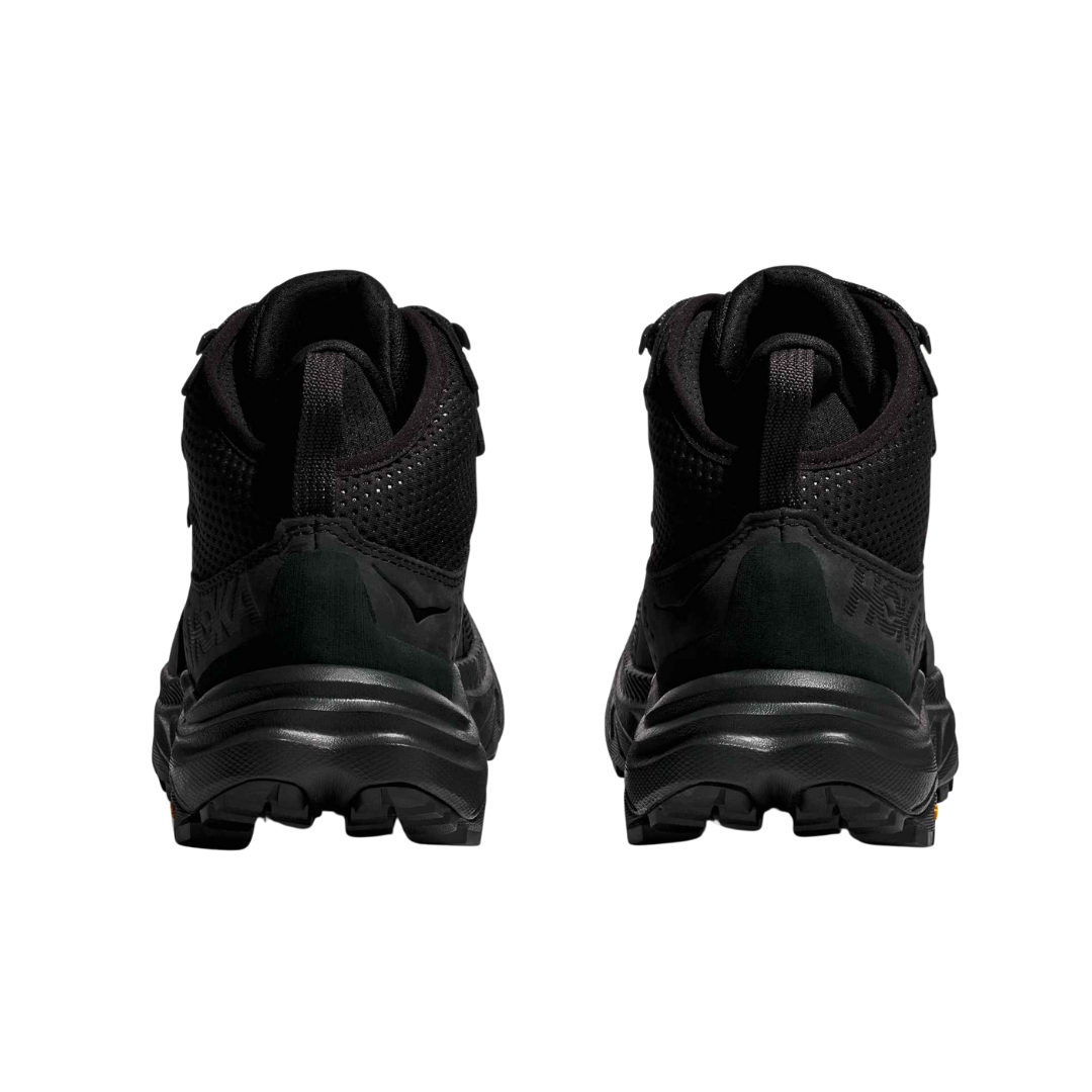 Back view of Men’s Anacapa 2 Mid GTX hiking boot in black – featuring molded heel counter for rearfoot stability, pull tab for easy on and off, and reflective accents for low-light visibility.