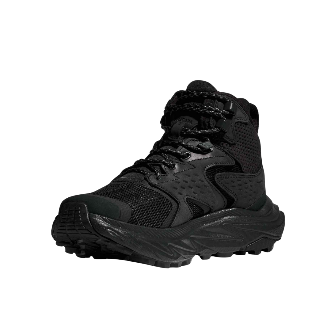 Angled view of Men’s Anacapa 2 Mid GTX hiking boot in black – featuring ergonomic footbed with anatomical arch support designed to alleviate plantar fasciitis and neuropathy discomfort, breathable mesh panels for ventilation, and cushioned heel for impact protection.