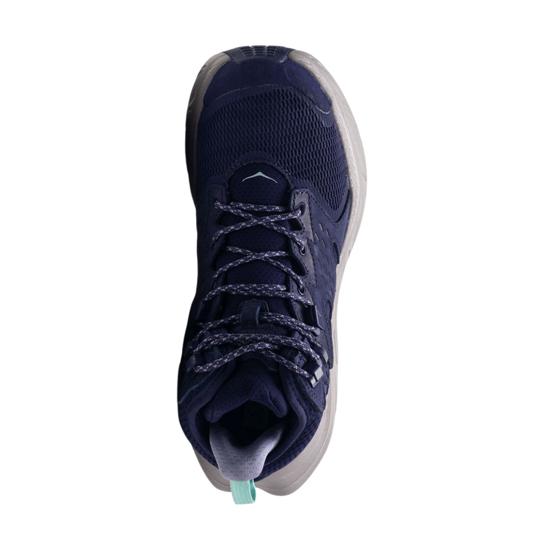 Top view of Women’s Anacapa 2 Mid GTX hiking boot in night sky and opal – featuring padded collar and tongue for ankle support, moisture-wicking lining to keep feet dry and healthy, and secure lace-up closure with reinforced eyelets for locked-in fit.