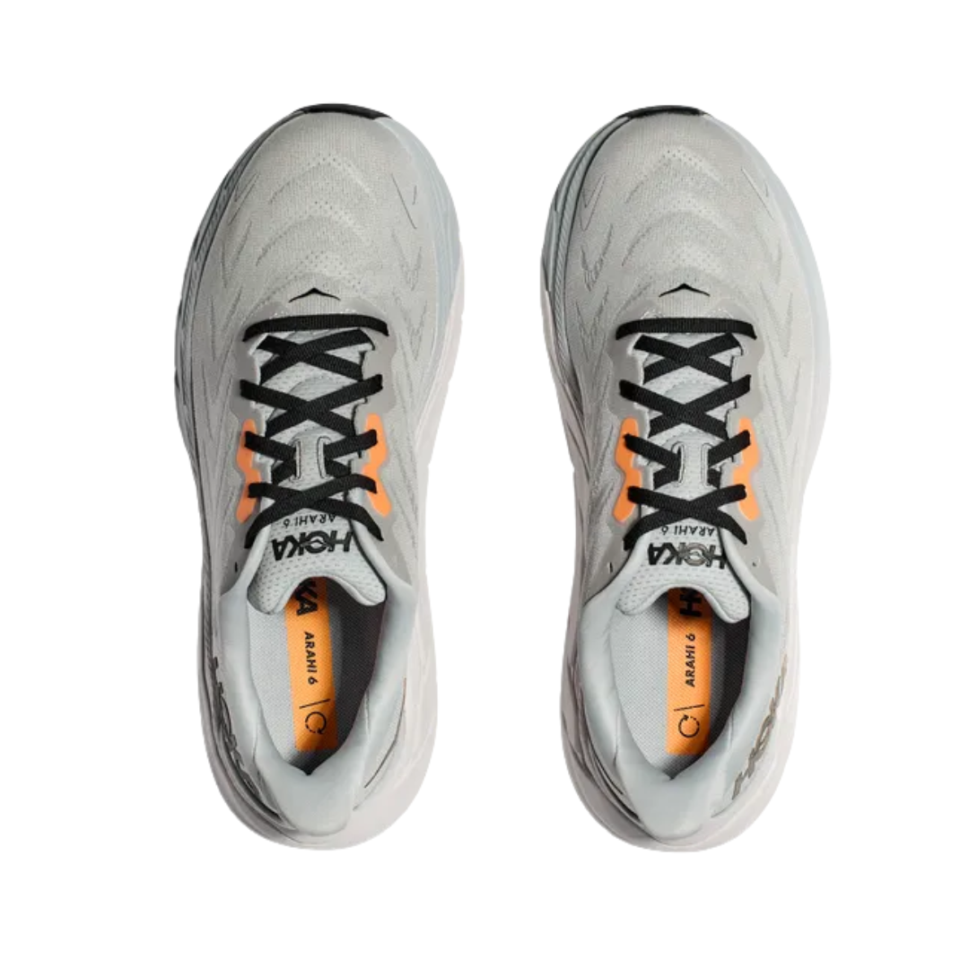 Top view of Men’s Arahi 6 running shoe in harbor mist and black – featuring padded tongue and collar for comfort, moisture-wicking lining to keep feet dry, and secure lace-up closure for locked-in fit.