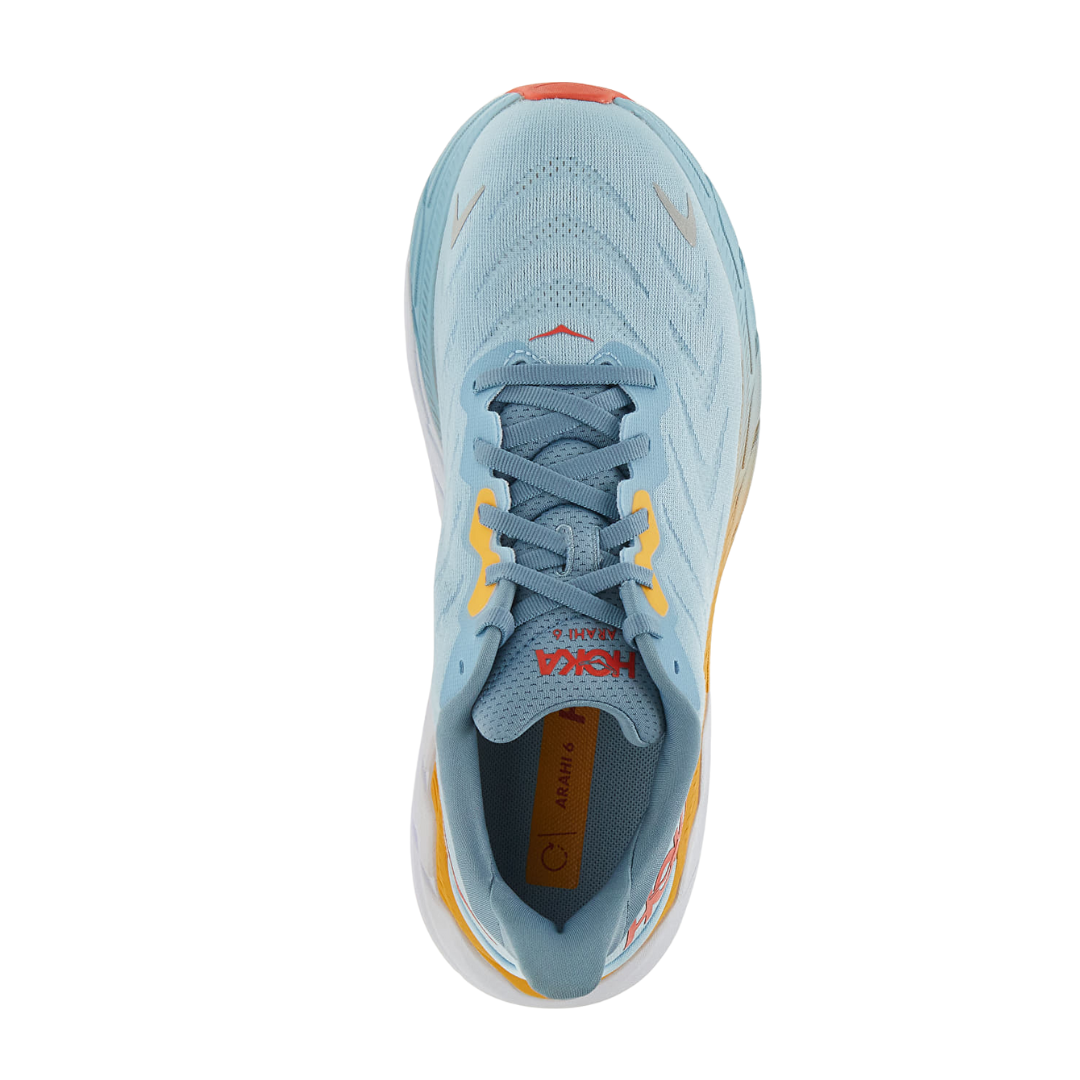 Top view of Men’s Arahi 6 running shoe in summer song and mountain spring – featuring padded tongue and collar for comfort, moisture-wicking lining to keep feet dry, and secure lace-up closure for locked-in fit.