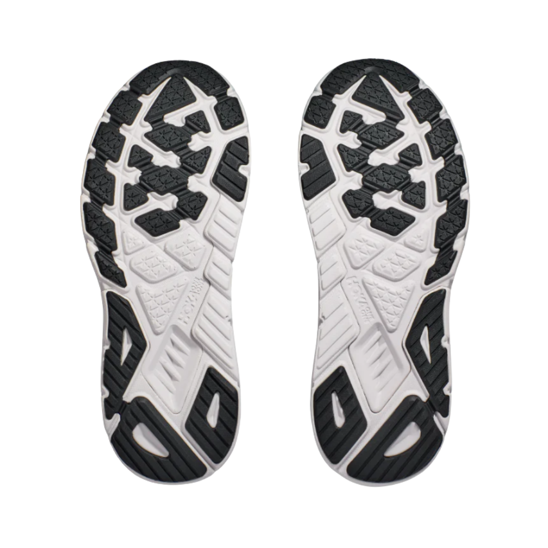 Bottom View of Men’s HOKA Arahi 6 Stability Running Shoe in Harbor Mist/Black – featuring durable rubber outsole for grip and longevity, flex grooves for natural foot movement, and wide base for enhanced stability.