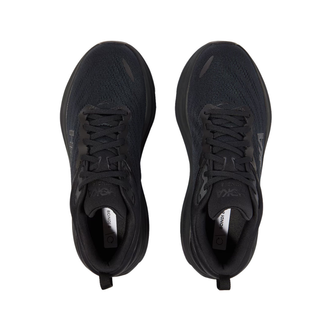 Top view of Men’s Bondi 8 running shoe in black – featuring padded tongue and collar for comfort, moisture-wicking lining to keep feet dry, and traditional lace-up closure for secure fit.