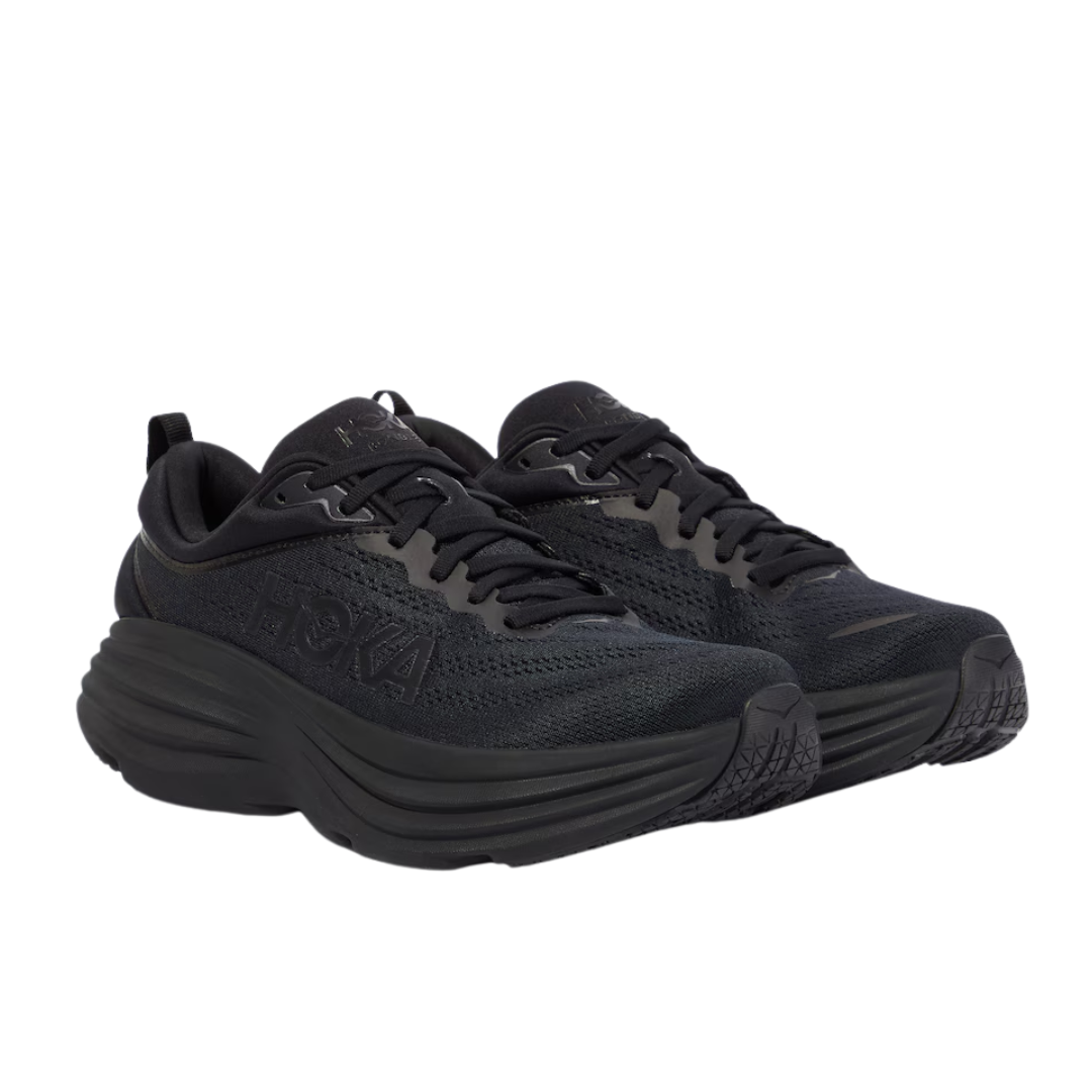Side view of Men’s Bondi 8 running shoe in black – featuring engineered mesh upper for breathability, DNA LOFT cushioning for plush, responsive ride, and sleek silhouette optimized for maximum comfort.