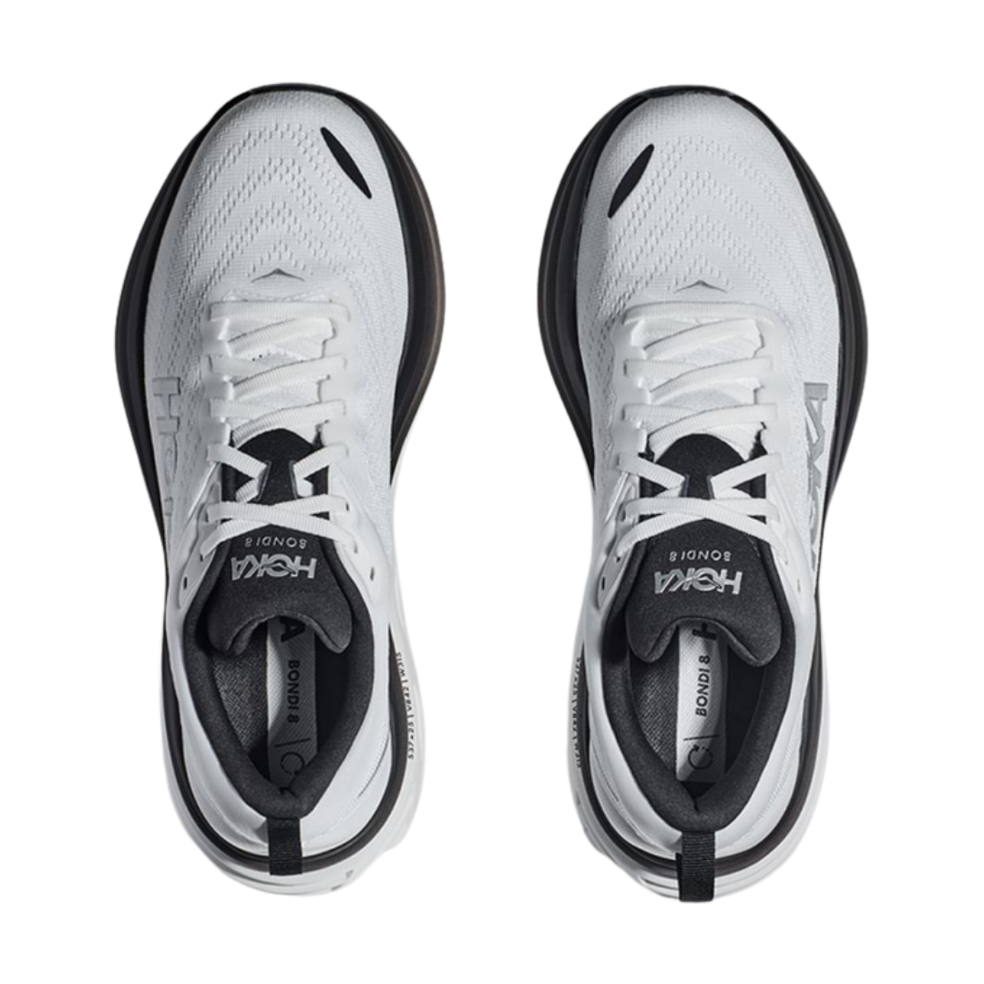 Top view of Men’s Bondi 8 running shoe in black and white – featuring padded tongue and collar for comfort, moisture-wicking lining to keep feet dry, and traditional lace-up closure for secure fit.