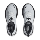 Top view of Men’s Bondi 8 running shoe in white and black – featuring padded tongue and collar for comfort, moisture-wicking lining to keep feet dry, and traditional lace-up closure for secure fit.