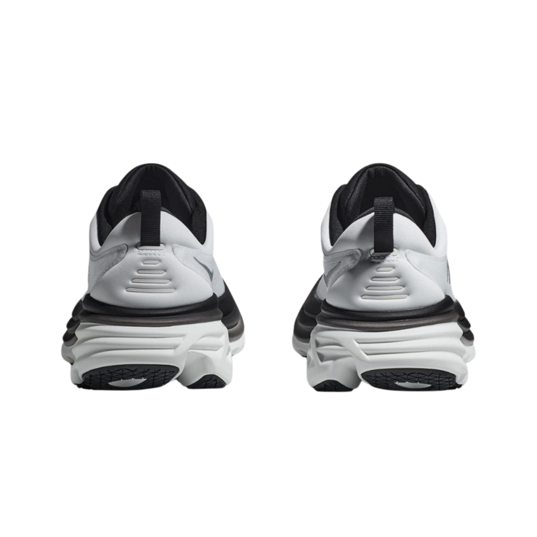 Back view of Bondi 8 running shoe in black and white – featuring molded heel counter for rearfoot stability, pull tab for easy on and off, and subtle branding details.