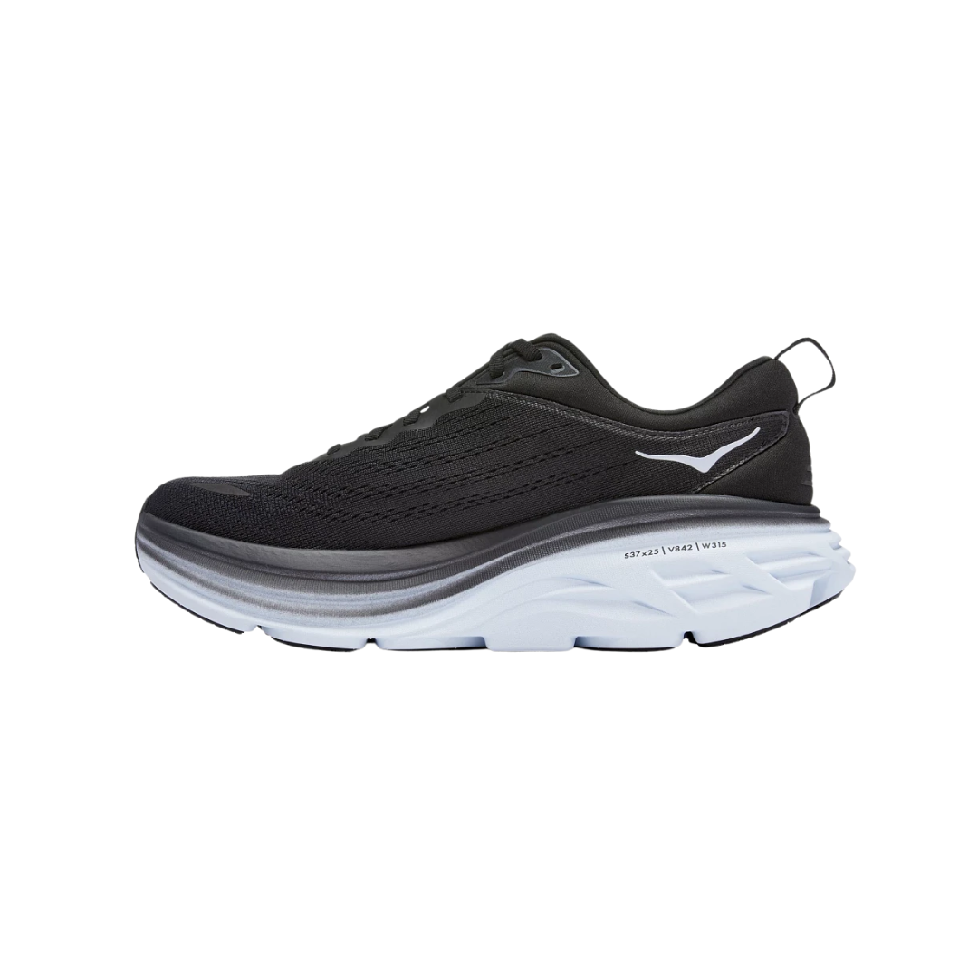 Side view of Bondi 8 running shoe in black and white – featuring engineered mesh upper for breathability, DNA LOFT cushioning for plush, responsive ride, and sleek silhouette optimized for maximum comfort.