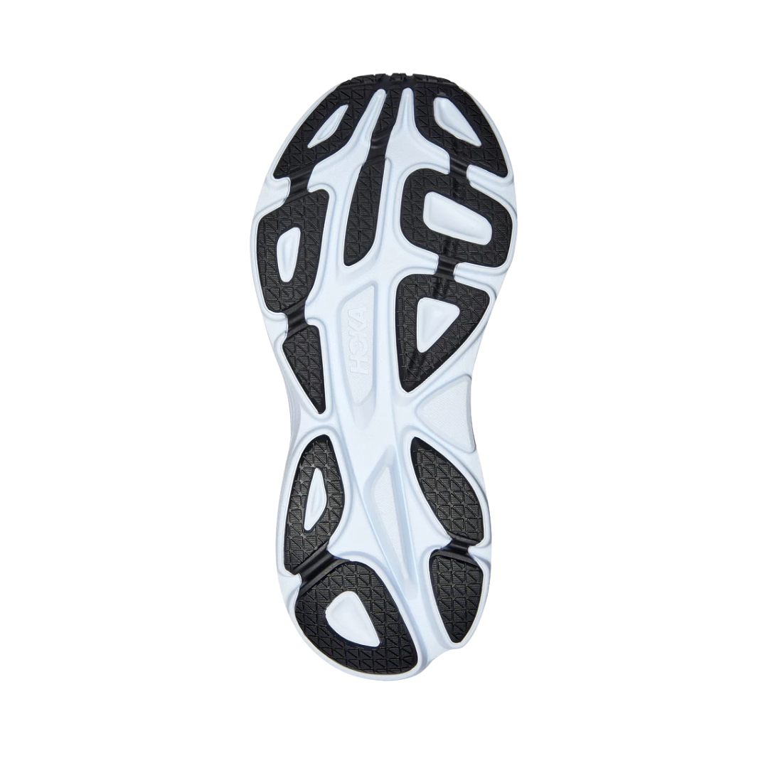 Bottom view of Bondi 8 running shoe in black and white – featuring durable rubber outsole with segmented crash pad for smooth heel-to-toe transitions, flex grooves for natural foot movement, and multi-surface traction for reliable grip.