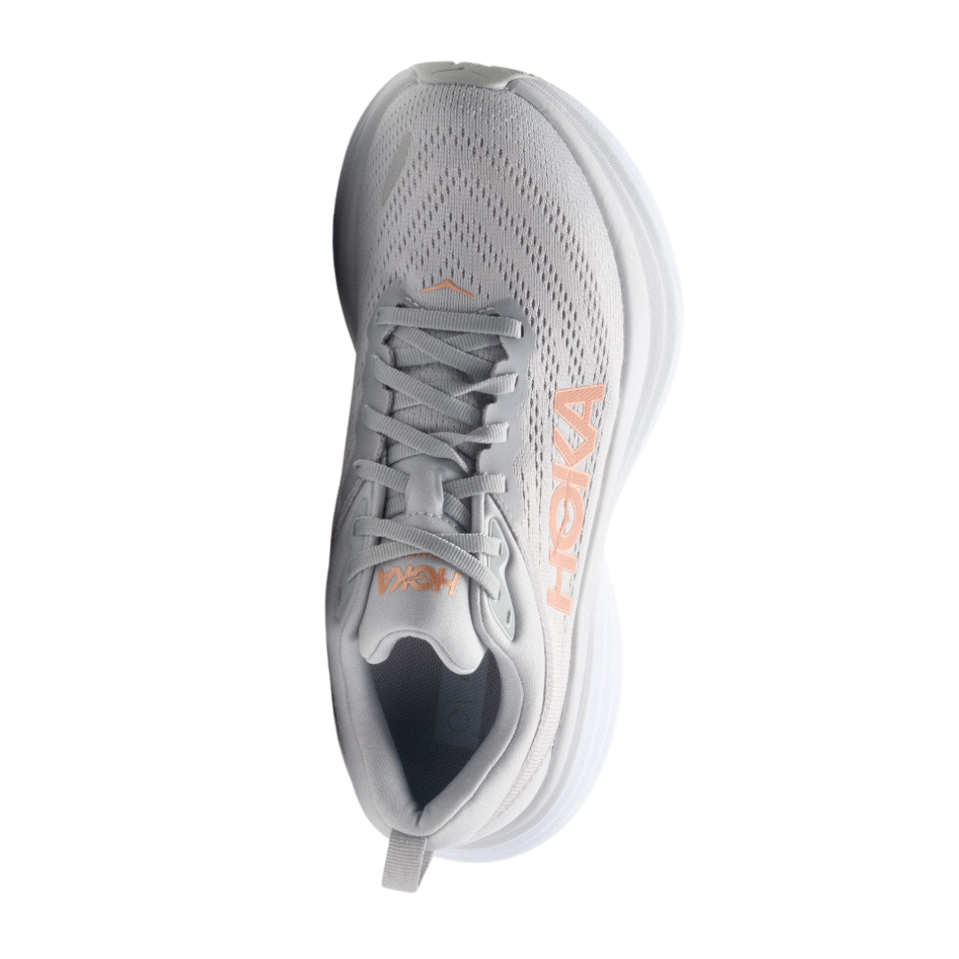 Top view of Women’s Bondi 8 running shoe in harbor mist and lunar rock – featuring padded tongue and collar for comfort, moisture-wicking lining to keep feet dry, and traditional lace-up closure for secure fit.
