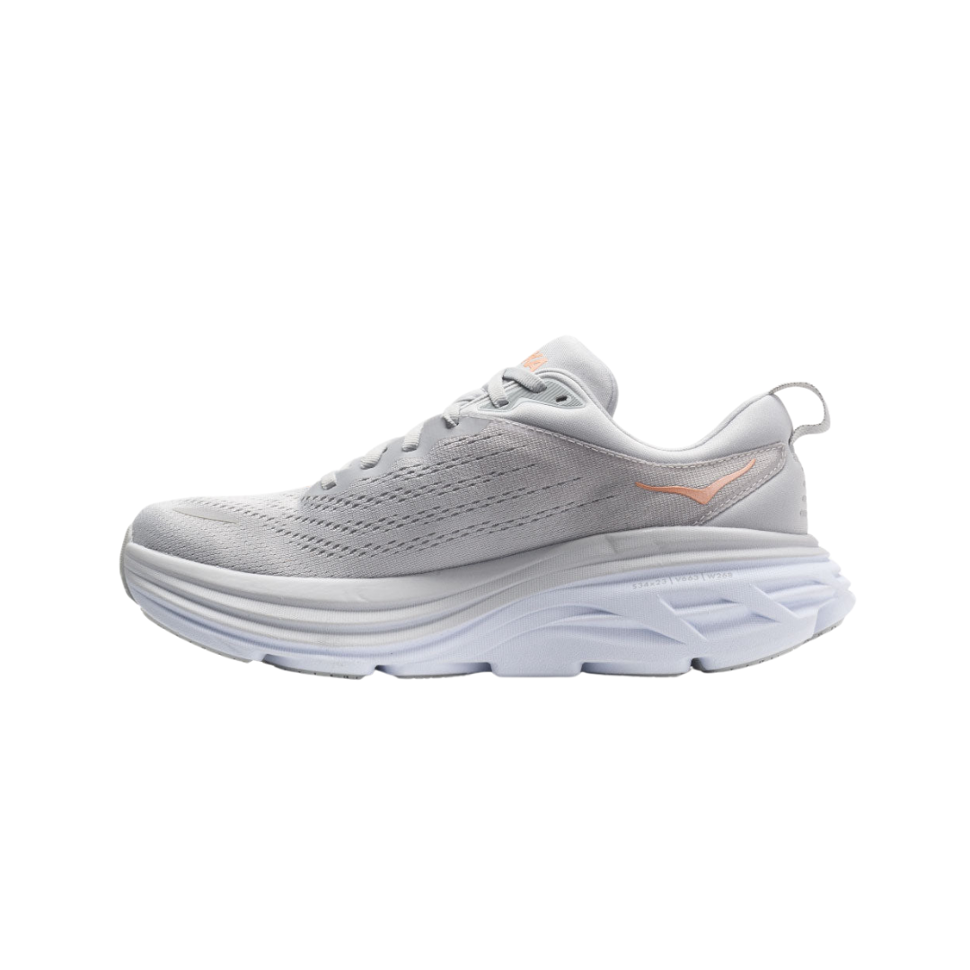 Side view of Women’s Bondi 8 running shoe in harbor mist and lunar rock – featuring engineered mesh upper for breathability, DNA LOFT cushioning for plush, responsive ride, and sleek silhouette optimized for maximum comfort.