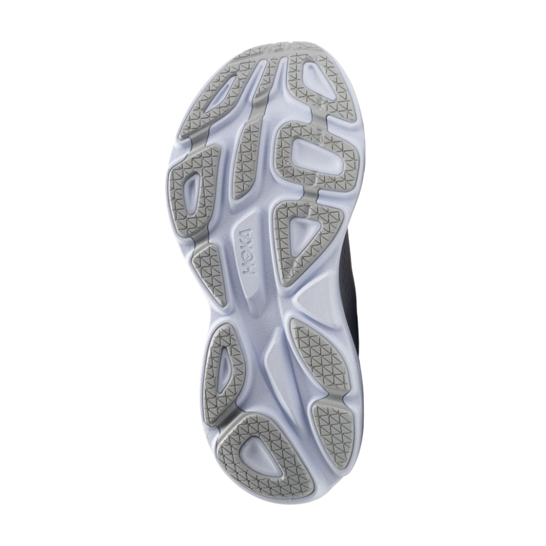 Bottom view of Women’s Bondi 8 running shoe in harbor mist and lunar rock – featuring durable rubber outsole with segmented crash pad for smooth heel-to-toe transitions, flex grooves for natural foot movement, and multi-surface traction for reliable grip.