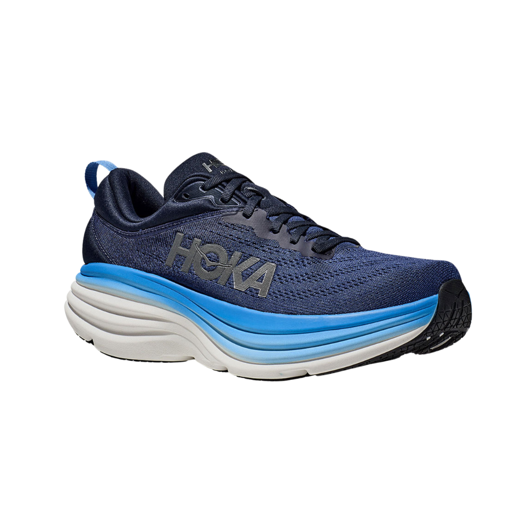 Angled view of Men’s Bondi 8 running shoe in outer space and all aboard – featuring supportive midsole with extra cushioning for long-distance comfort, breathable mesh panels for ventilation, and ergonomic design for reduced foot fatigue.